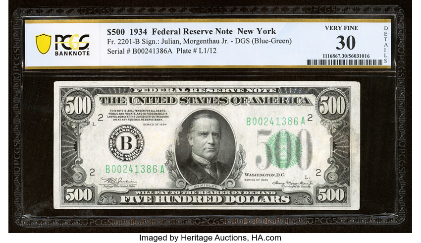 image for: Fr. 2201-B $500 1934 Federal Reserve Note. PCGS Banknote Very Fine 30 Details....