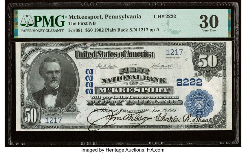 image for: McKeesport, PA - $50 1902 Plain Back Fr. 681 The First National Bank Ch. # 2222 PMG Very Fine 30....