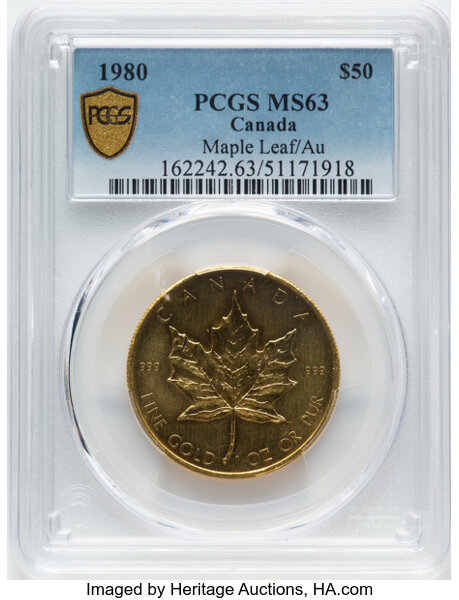 image for: Canada: Elizabeth II gold "Maple Leaf" 50 Dollars (1 oz) 1980 MS63 PCGS,...