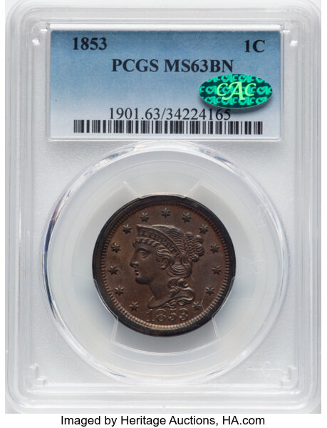 image for: 1853 1C N-3, R.1, MS63 Brown PCGS. CAC. Mintage 6,641,131....