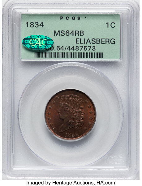 image for: 1834 1/2 C C-1, B-1, R.1, MS64 Red and Brown PCGS. CAC. Ex: Eliasberg. Incorrectly designated by PCGS as an 1834 cent. Hous...