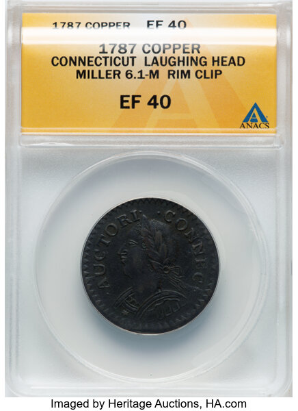 image for: 1787 Connecticut Copper, Mailed Bust Left, Laughing Head, M. 6.1-M, W-2820, R.1 -- Rim Clip -- XF40 ANACS. ...
