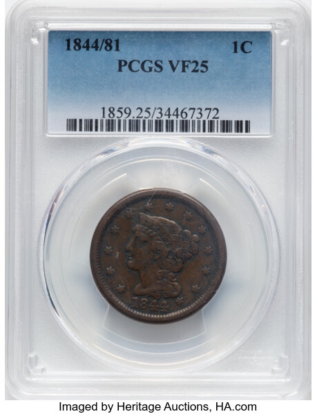 image for: 1844/81 1C N-2, R.2, VF25 PCGS. Mintage 2,398,752....