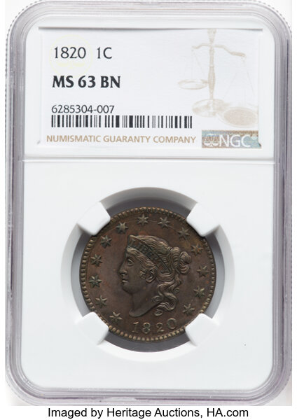 image for: 1820 1C Large Date, N-13, R.1, MS63 Brown NGC.  Mintage 4,407,550....