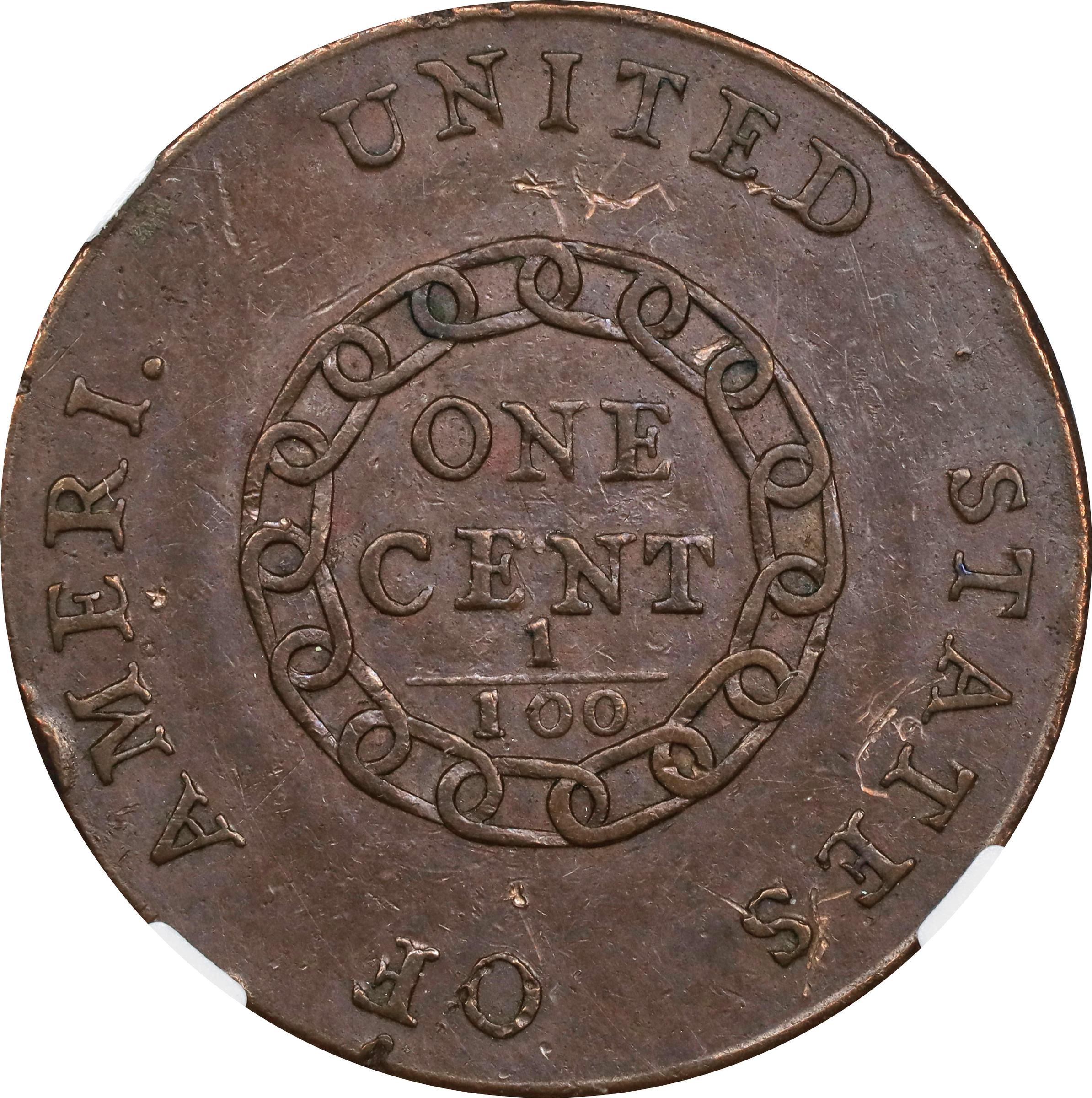 image for: 1793 Flowing Hair Cent. Chain Reverse. S-1, B-1. Rarity-4. AMERI. AU Details--Obverse Scratched (NGC).