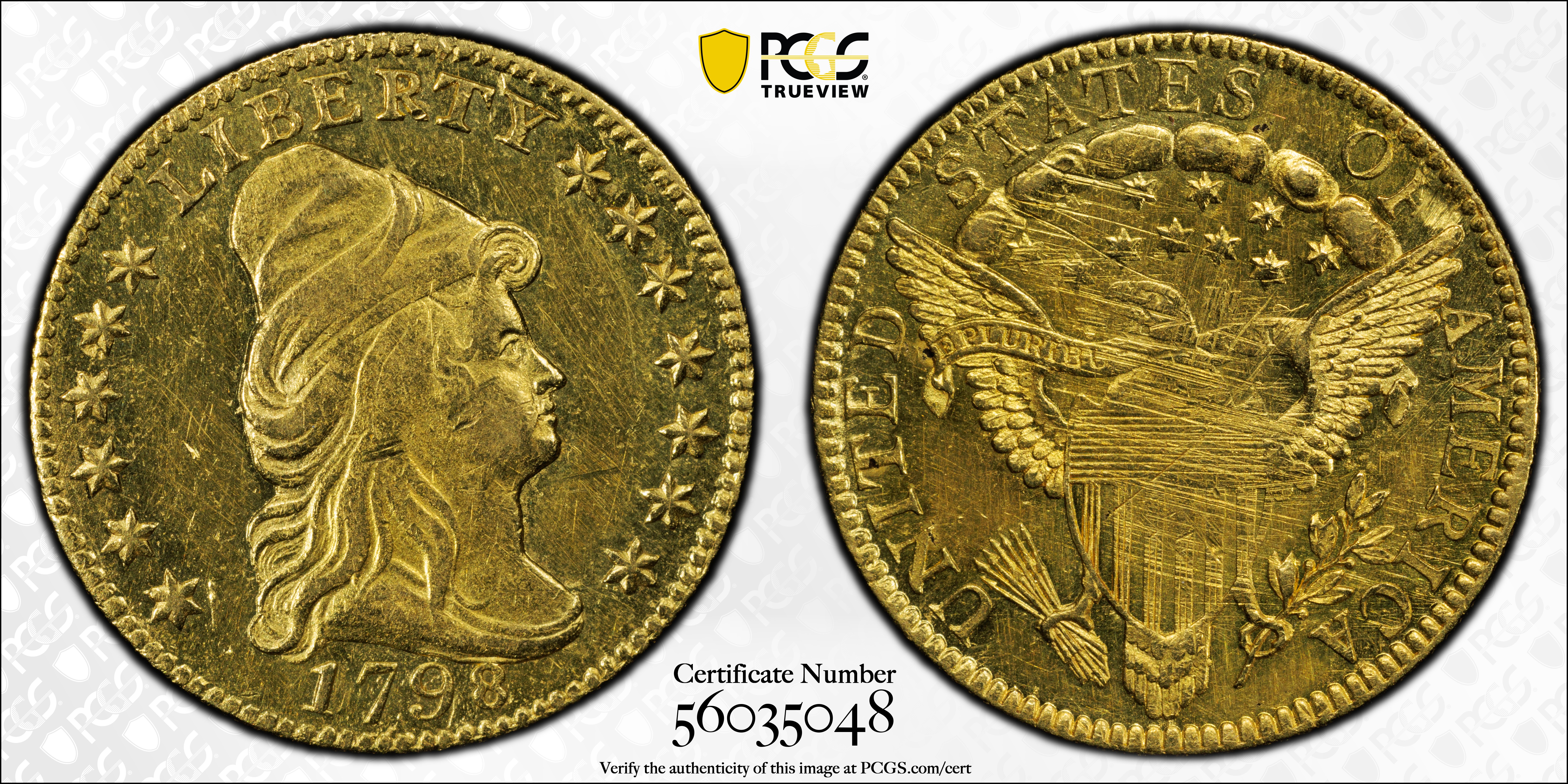 image for: 1798 Capped Bust Right Quarter Eagle. BD-2. Rarity-5. Wide Date, 5 Berries. Unc Details--Cleaned (PCGS).