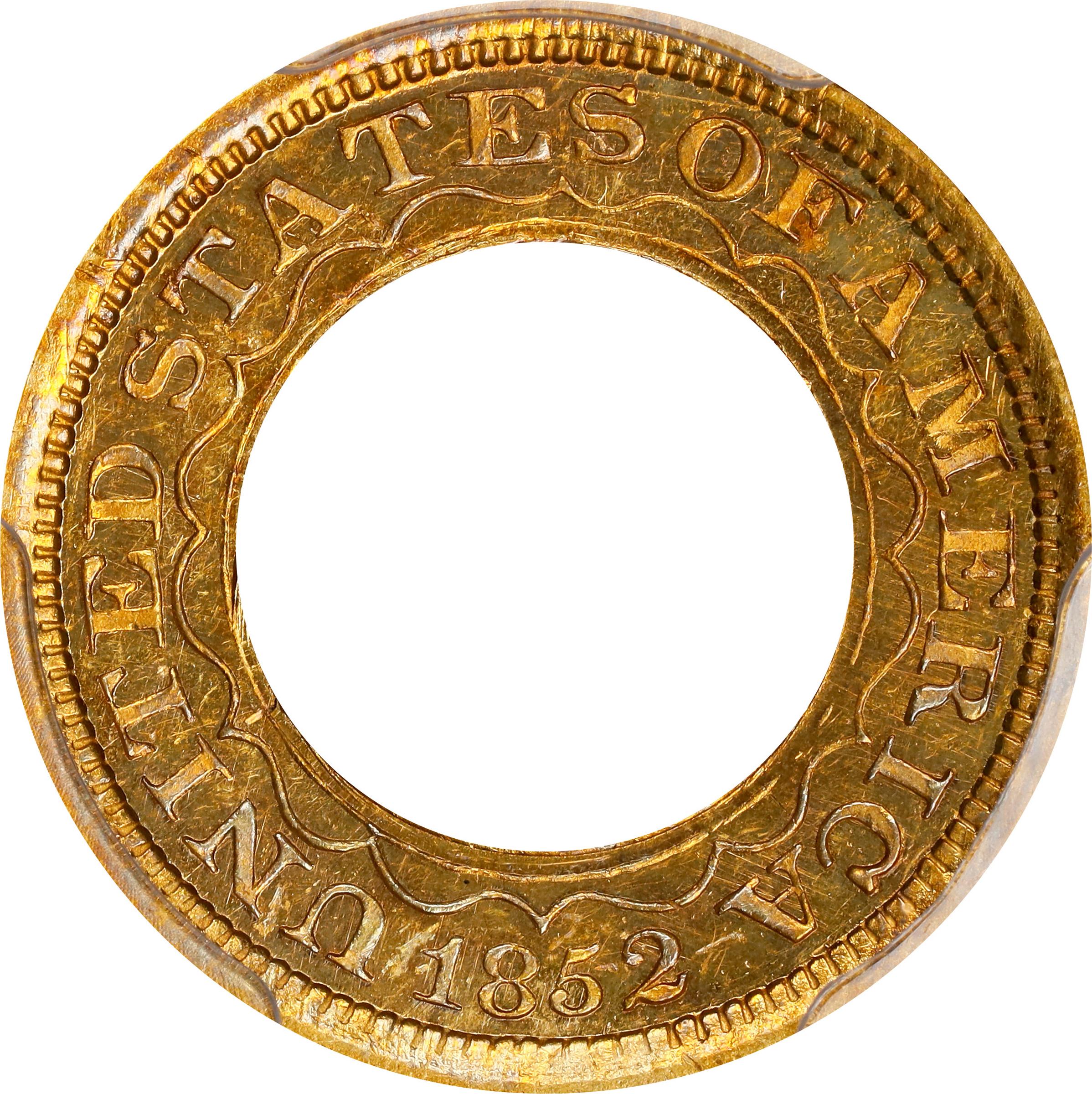 image for: 1852 Pattern Annular, or Ring-Form Gold Dollar. Judd-145, Pollock-173. Rarity-6-. Gold. Plain Edge. Thin Planchet. Proof. Unc Details--Graffiti (PCGS).