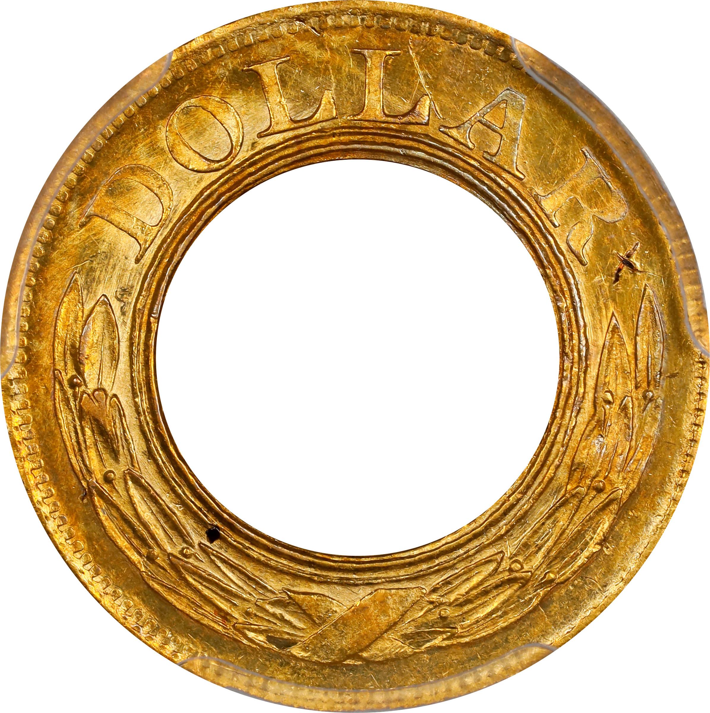 image for: 1852 Pattern Annular, or Ring-Form Gold Dollar. Judd-145, Pollock-173. Rarity-6-. Gold. Plain Edge. Thin Planchet. Proof. Unc Details--Graffiti (PCGS).