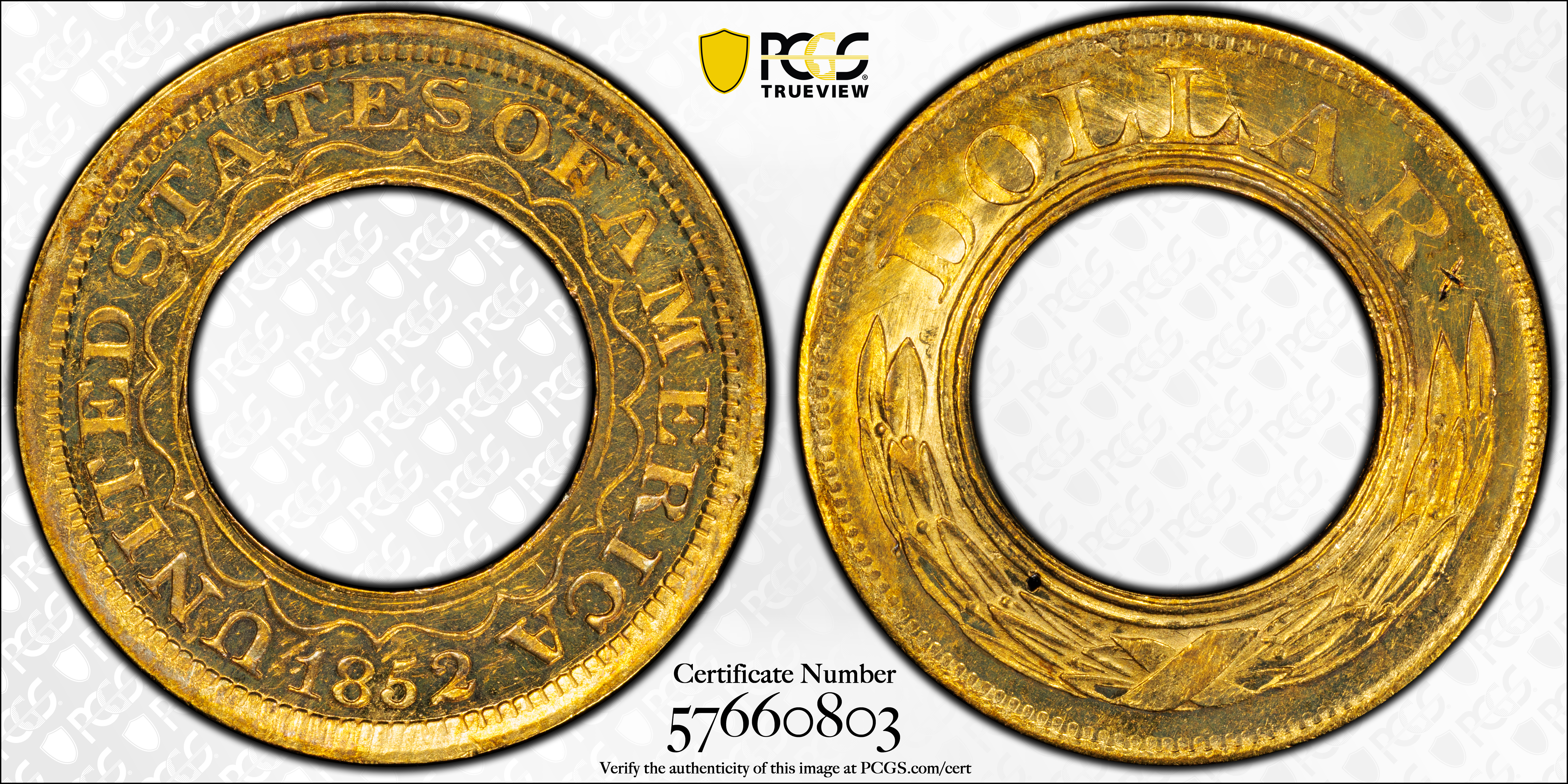image for: 1852 Pattern Annular, or Ring-Form Gold Dollar. Judd-145, Pollock-173. Rarity-6-. Gold. Plain Edge. Thin Planchet. Proof. Unc Details--Graffiti (PCGS).