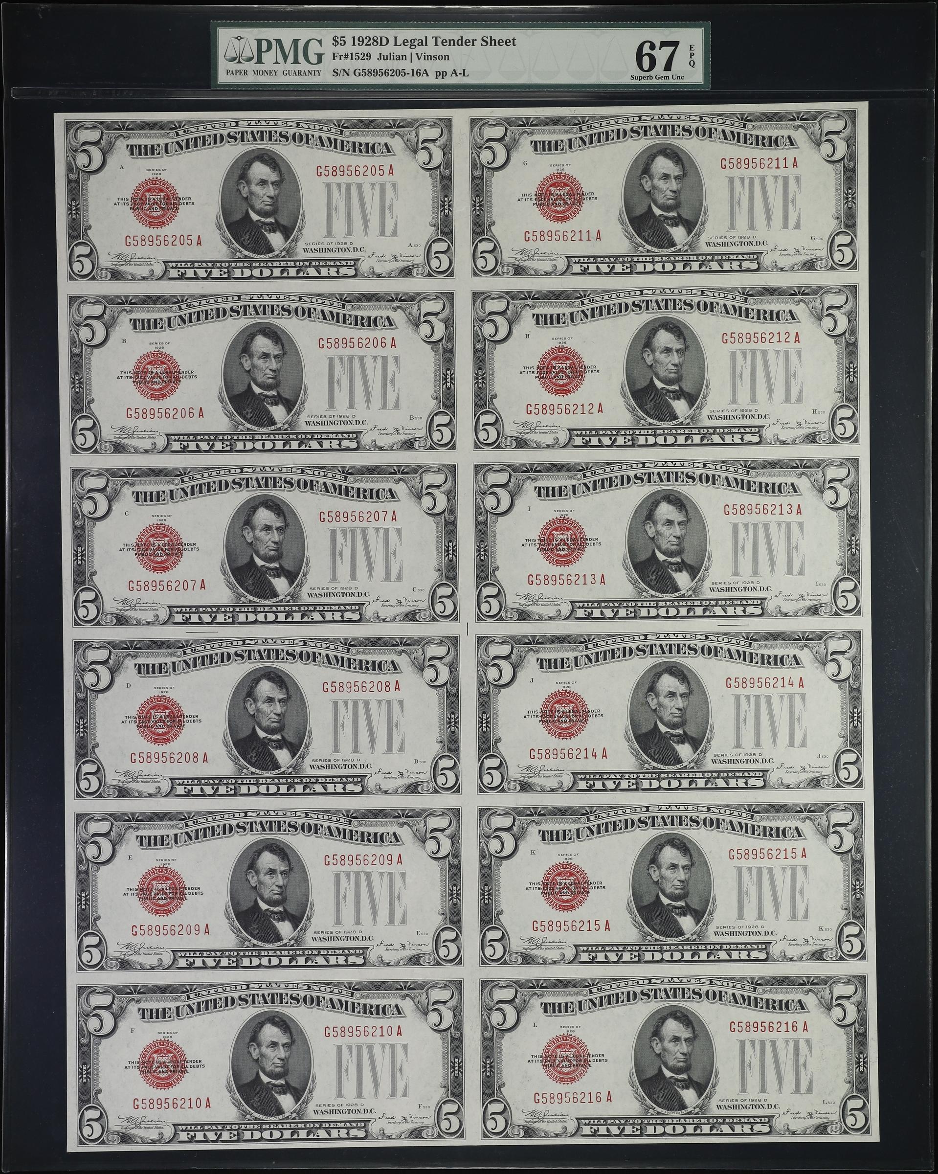image for: Uncut Sheet of (12) Fr. 1529. 1928D $5 Legal Tender Notes. PMG Superb Gem Uncirculated 67 EPQ.