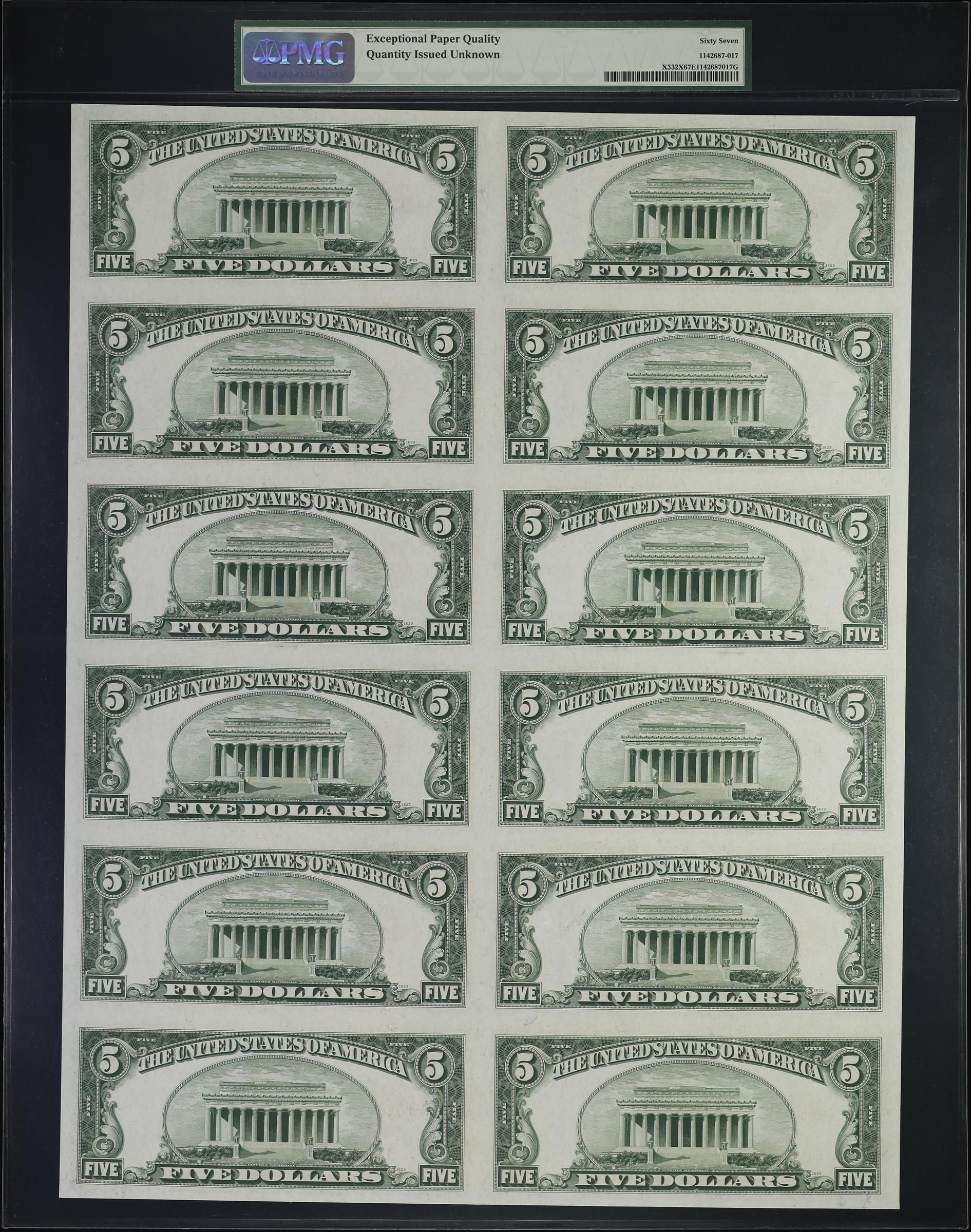 image for: Uncut Sheet of (12) Fr. 1529. 1928D $5 Legal Tender Notes. PMG Superb Gem Uncirculated 67 EPQ.