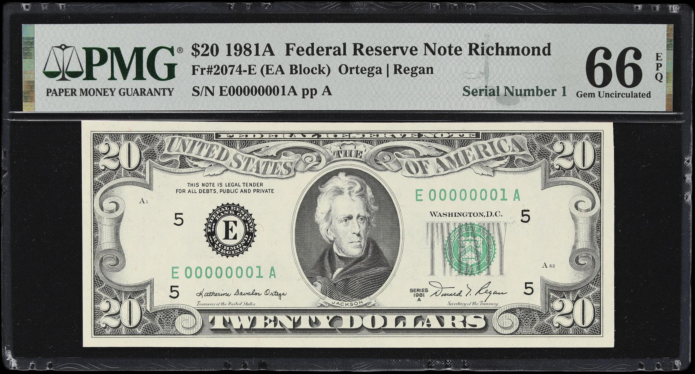 image for: Fr. 2074-E. 1981A $20 Federal Reserve Note. Richmond. PMG Gem Uncirculated 66 EPQ. Serial Number 1.