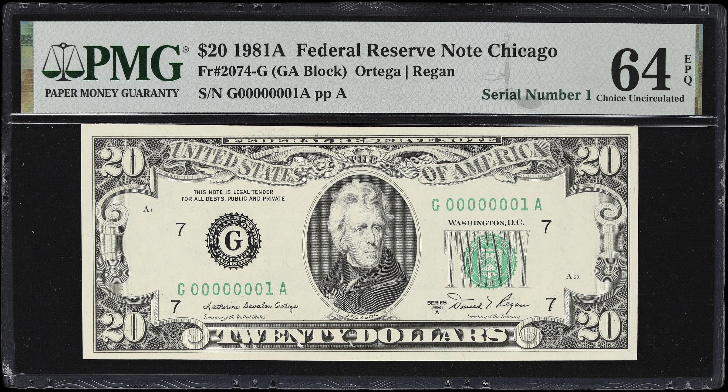 image for: Fr. 2074-G. 1981A $20 Federal Reserve Note. Chicago. PMG Choice Uncirculated 64 EPQ. Serial Number 1.