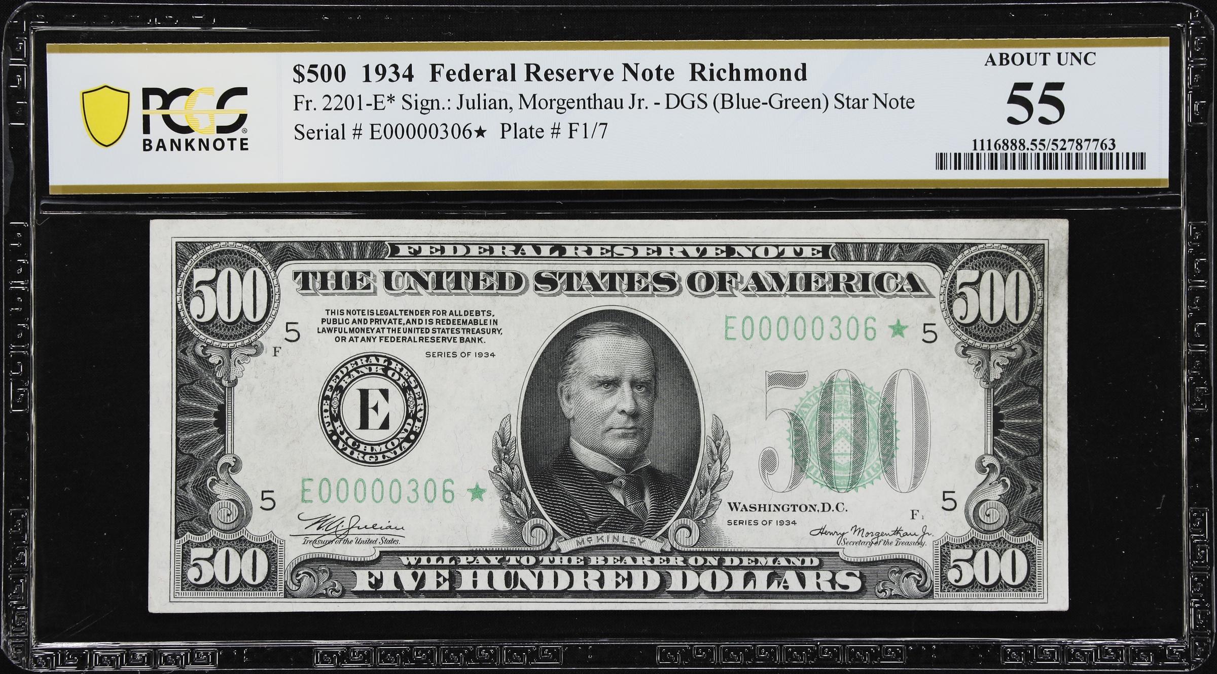 image for: Fr. 2201-E*. 1934 Dark Green Seal $500 Federal Reserve Star Note. Richmond. PCGS Banknote About Uncirculated 55.