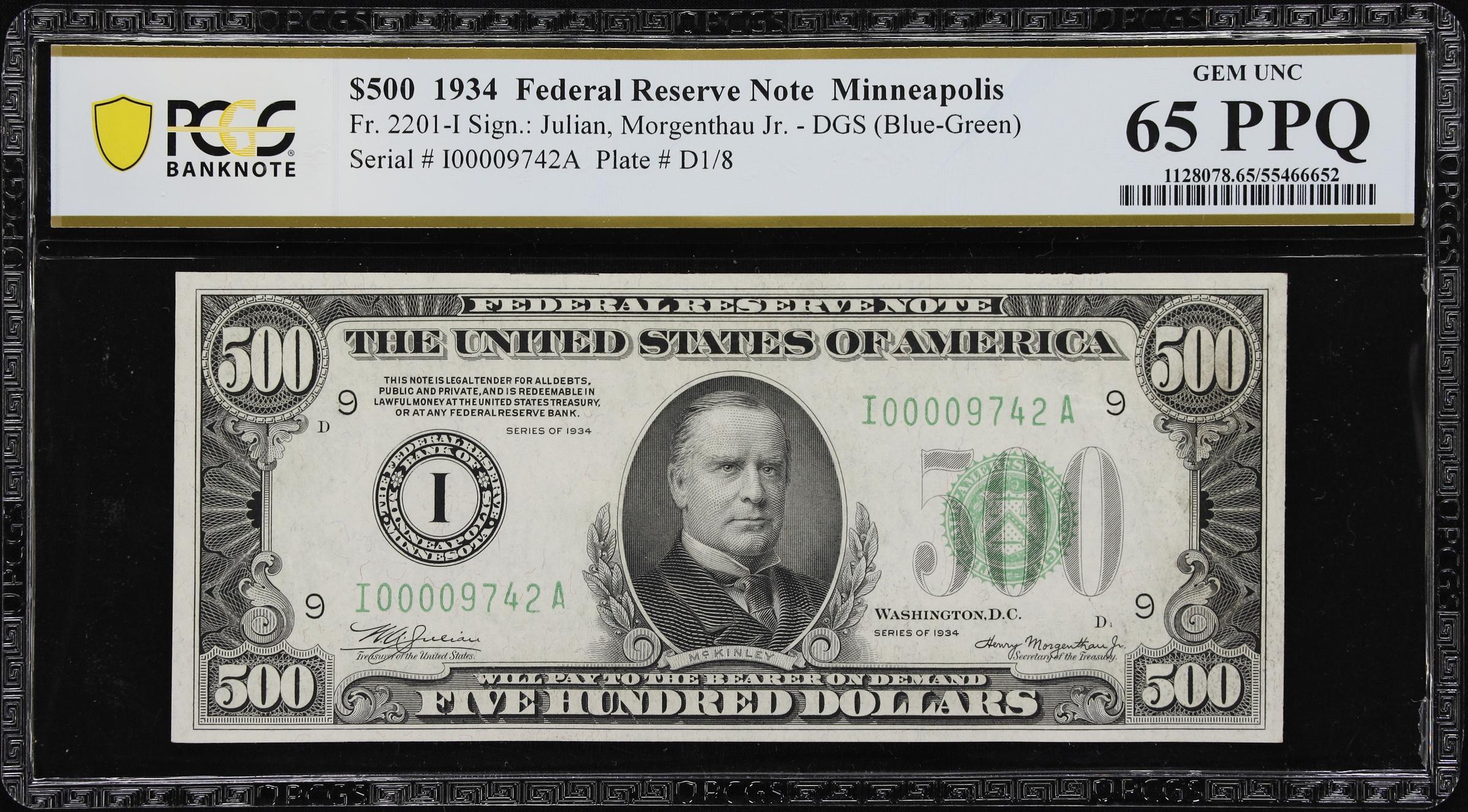 image for: Fr. 2201-I. 1934 Dark Green Seal $500 Federal Reserve Note. Minneapolis. PCGS Banknote Gem Uncirculated 65 PPQ.