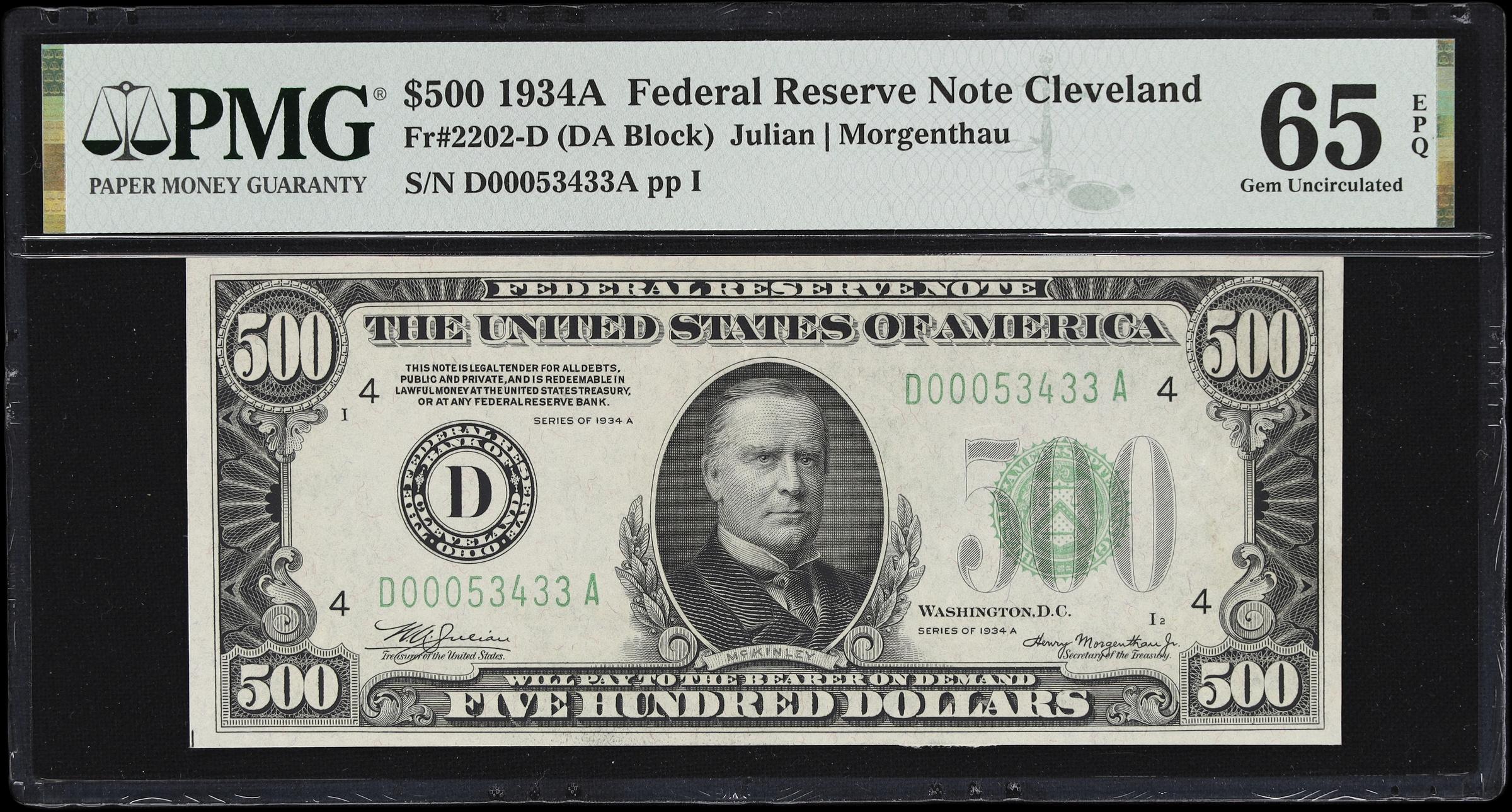 image for: Fr. 2202-D. 1934A $500 Federal Reserve Note. Cleveland. PMG Gem Uncirculated 65 EPQ.