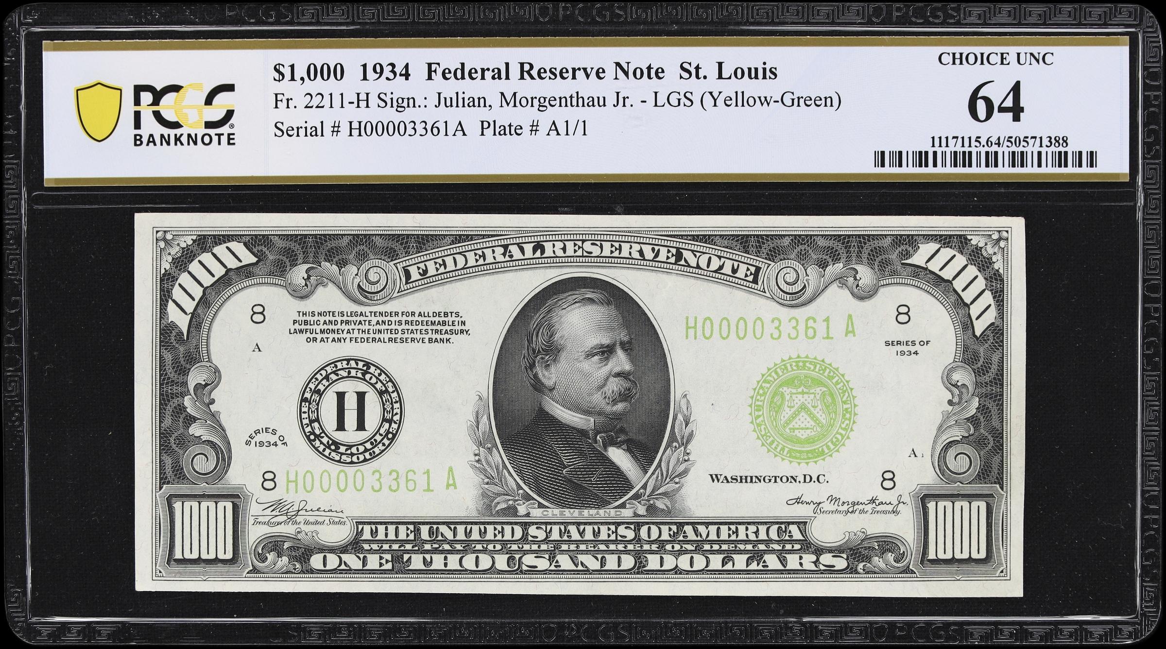 image for: Fr. 2211-H. 1934 Light Green Seal $1000 Federal Reserve Note. St. Louis. PCGS Banknote Choice Uncirculated 64.
