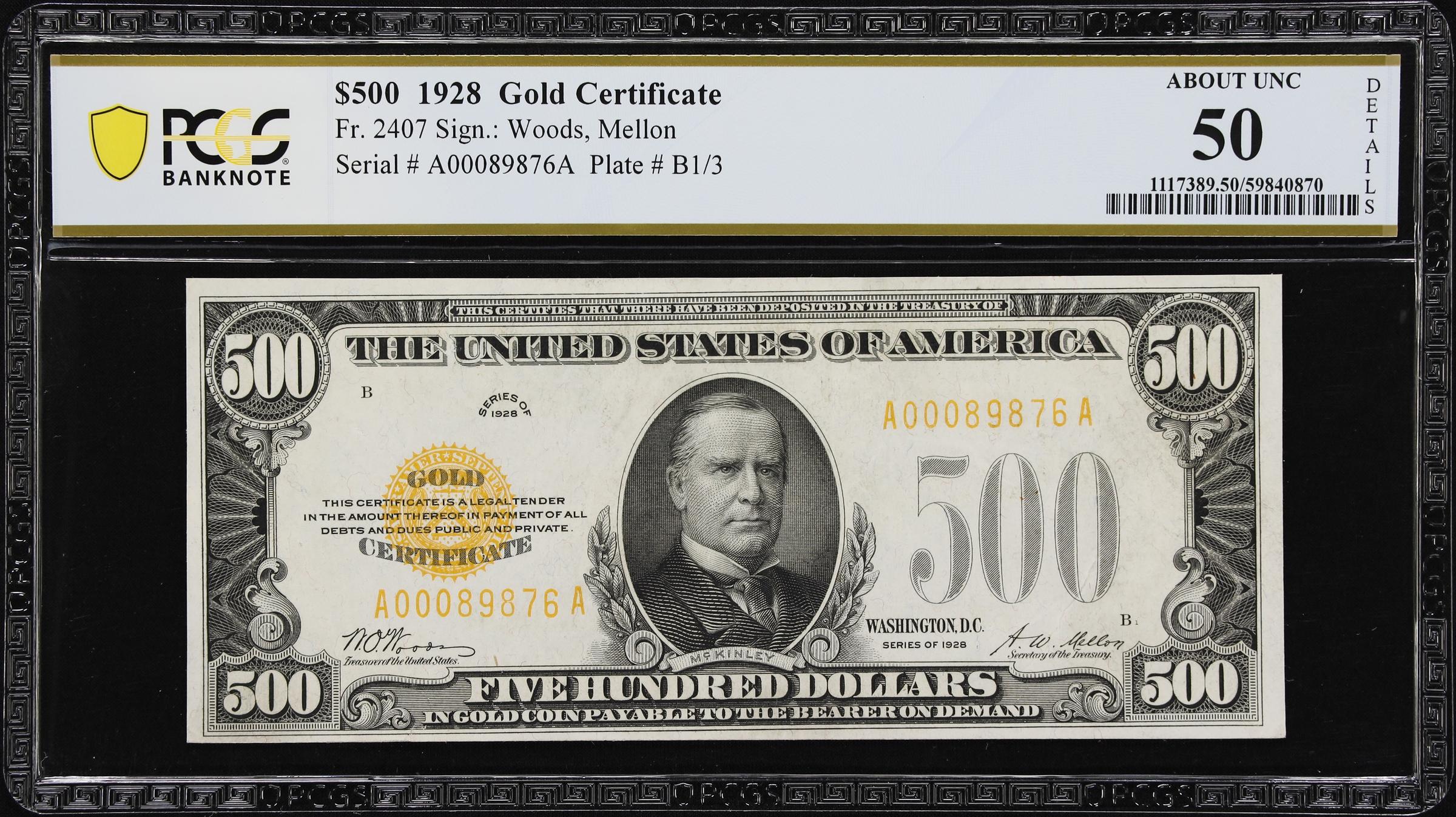image for: Fr. 2407. 1928 $500 Gold Certificate. PCGS Banknote About Uncirculated 50 Details. Minor Restorations.