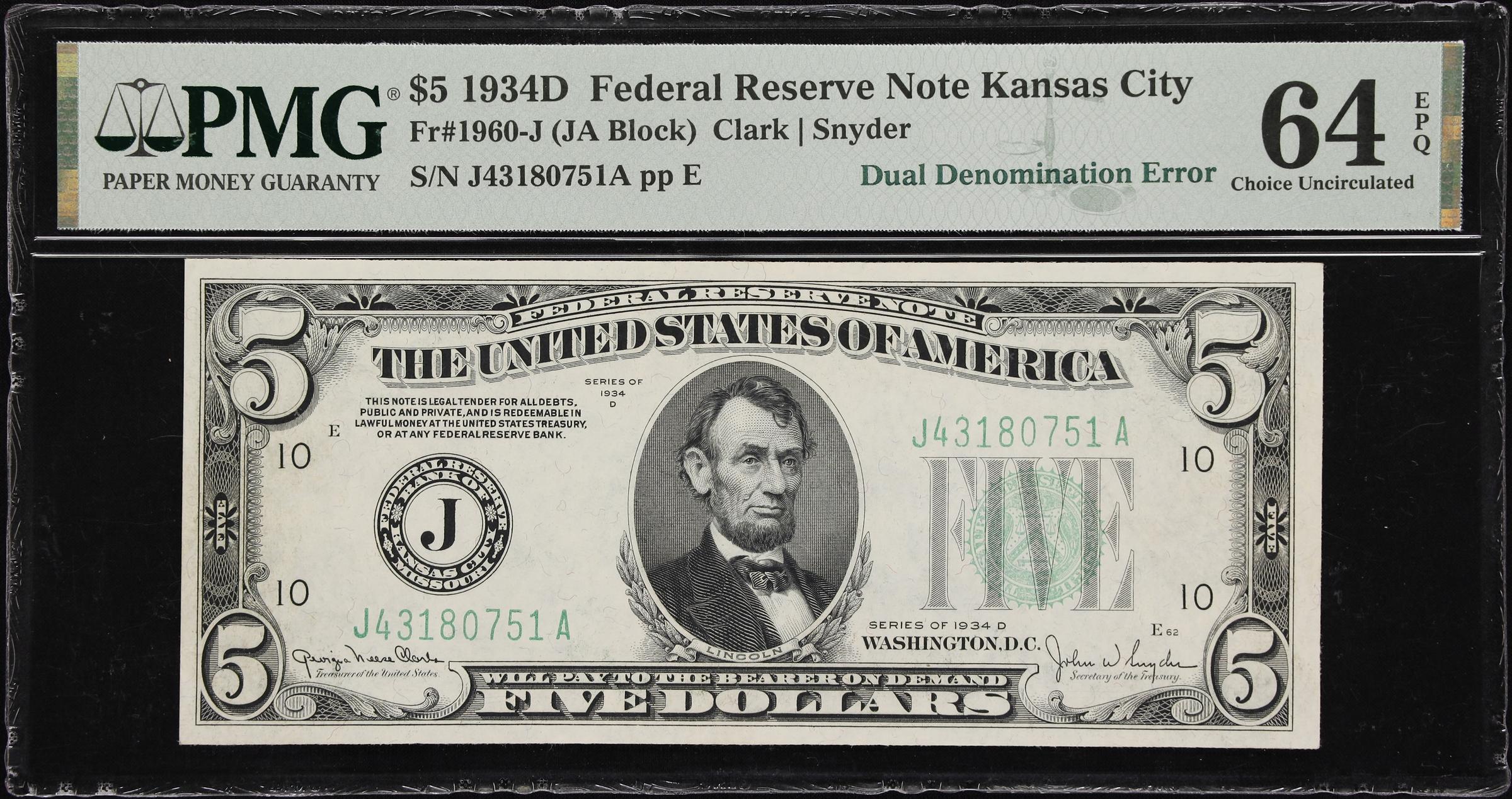 image for: Fr. 1960-J. 1934D $5 / $10 Federal Reserve Note. Kansas City. PMG Choice Uncirculated 64 EPQ. Dual Denomination Error.