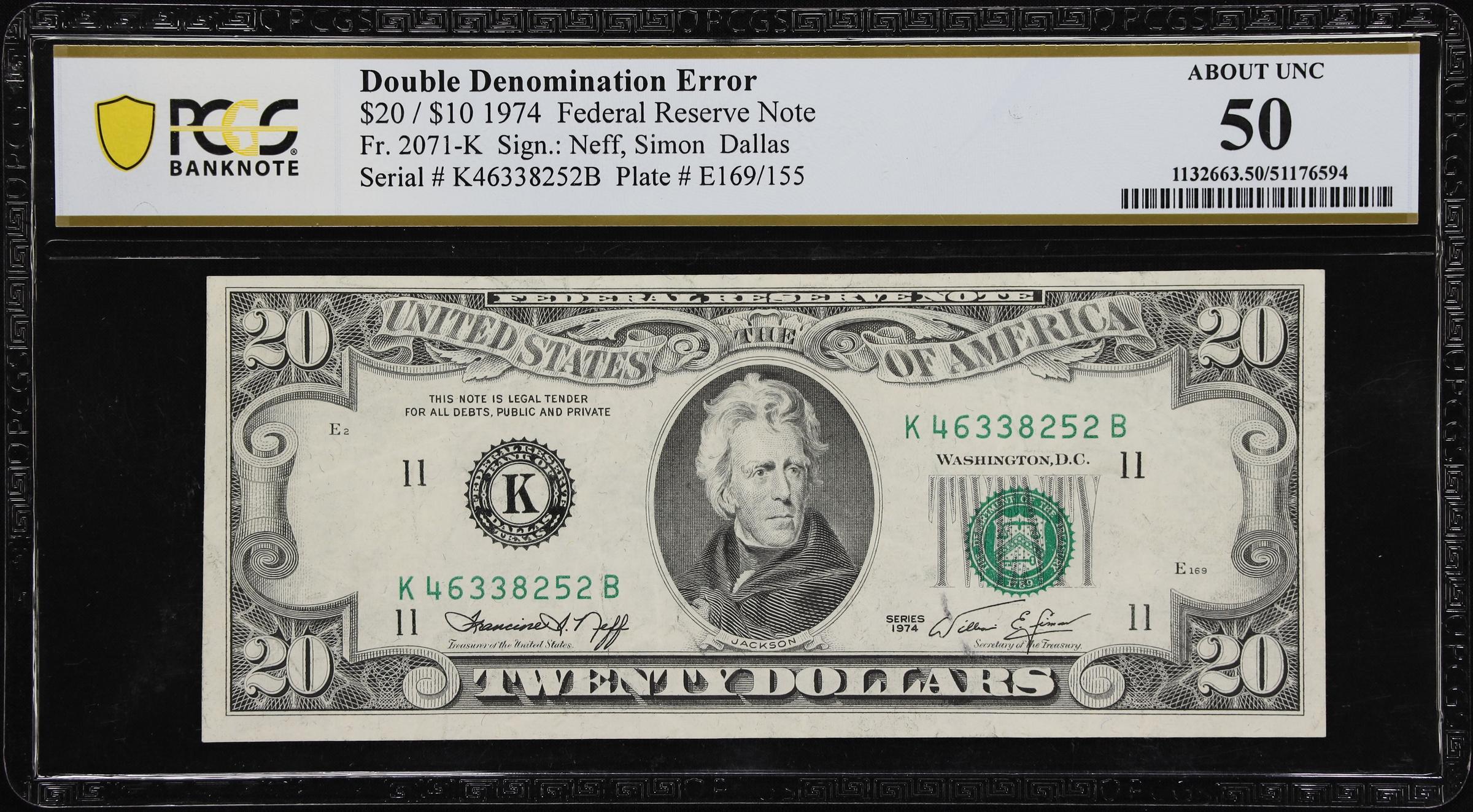 image for: Fr. 2071-K. 1974 $20 / $10 Federal Reserve Note. Dallas. PCGS Banknote About Uncirculated 50. Dual Denomination Error.