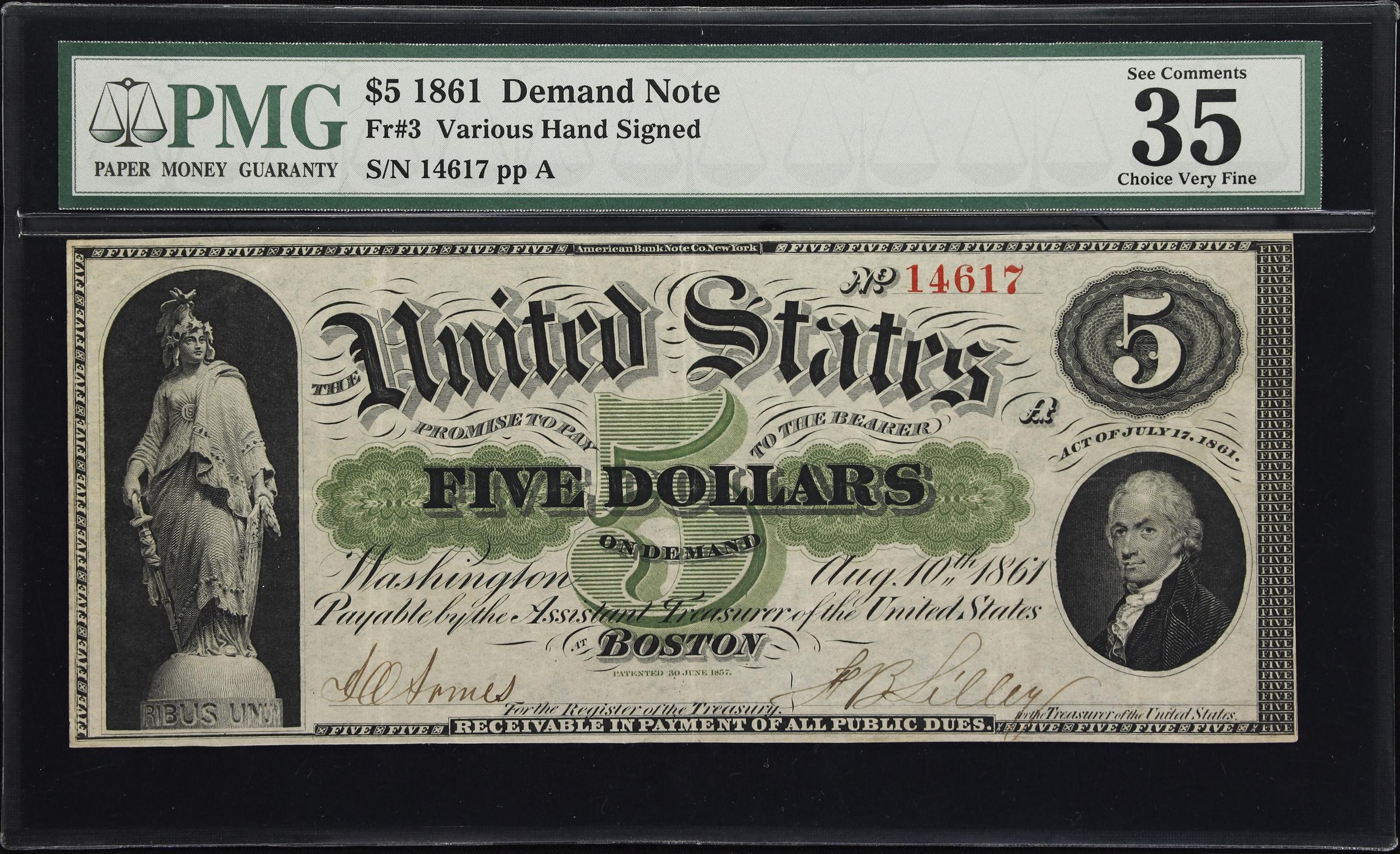 image for: Fr. 3. 1861 $5 Demand Note. PMG Choice Very Fine 35 EPQ.