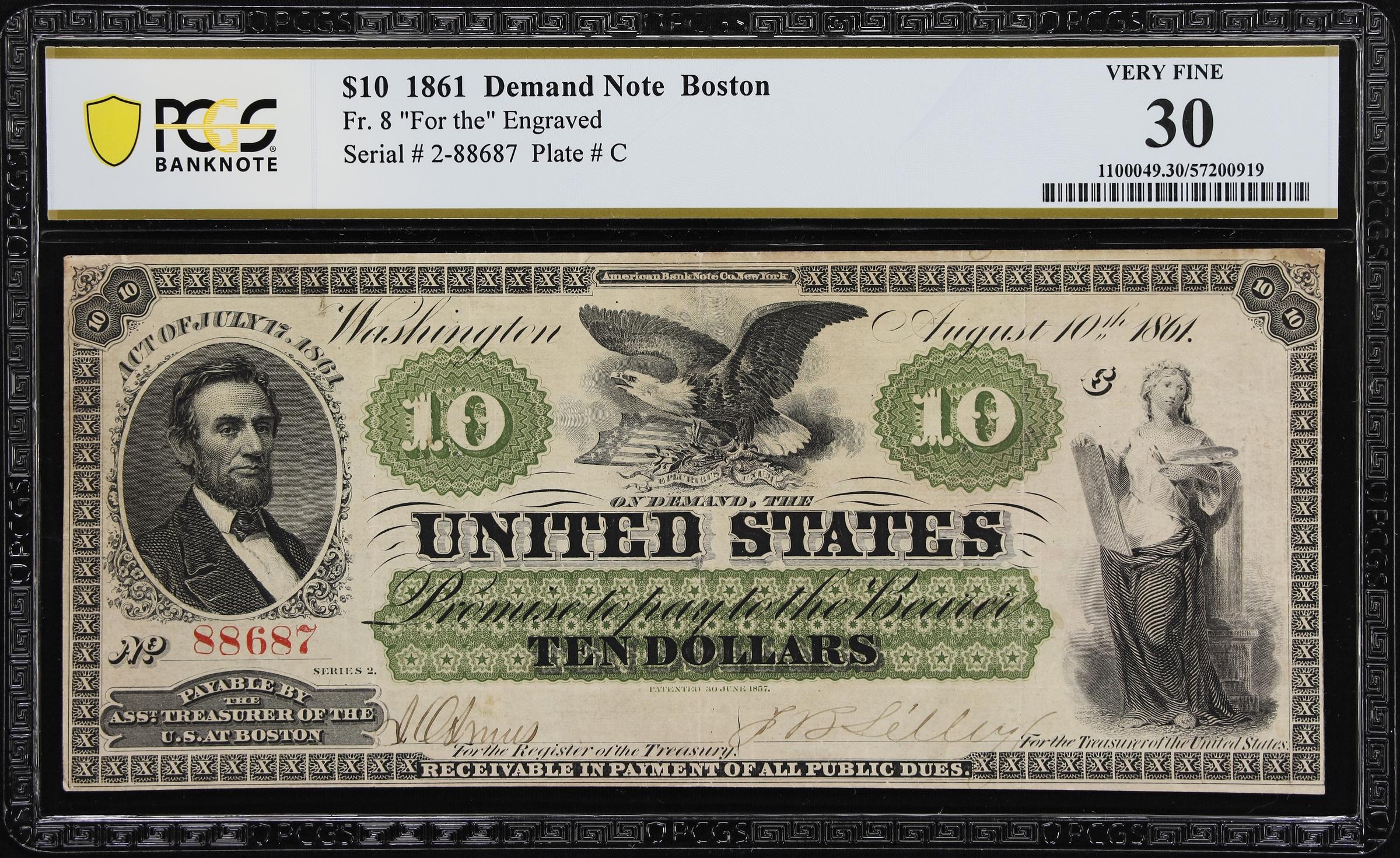 image for: Fr. 8. 1861 $10 Demand Note. PCGS Banknote Very Fine 30.
