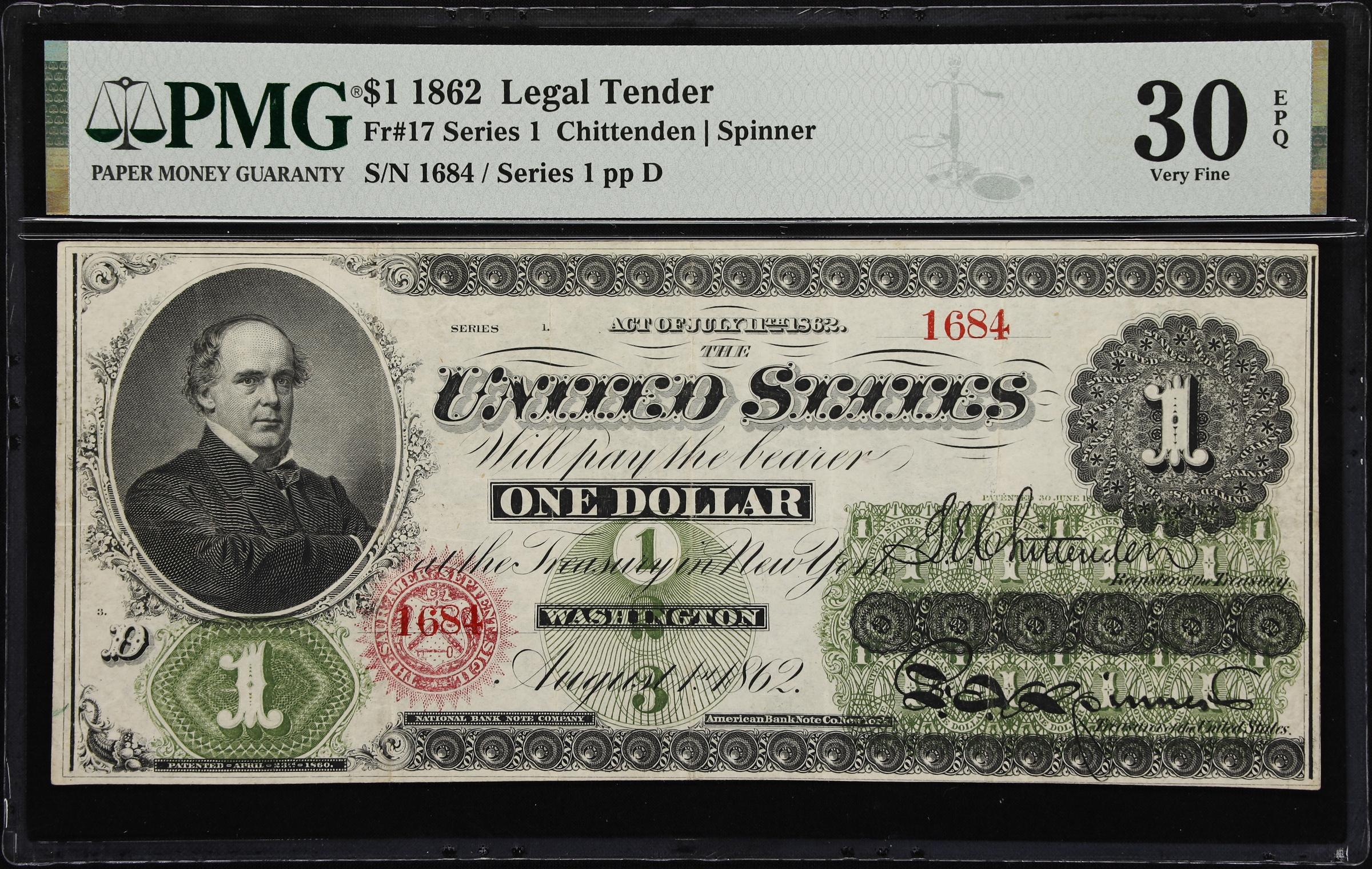image for: Fr. 17. 1862 $1 Legal Tender Note. PMG Very Fine 30 EPQ.