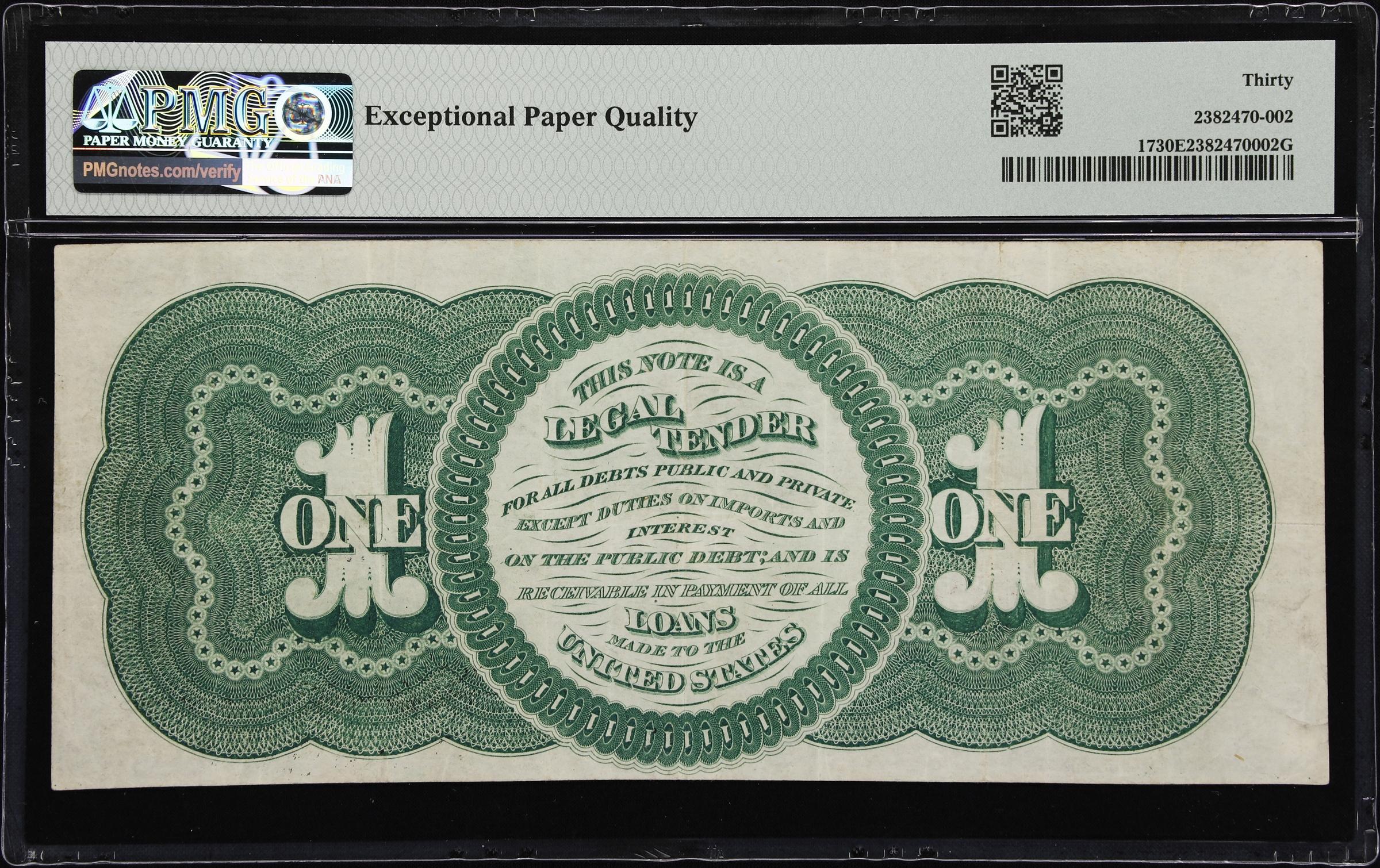 image for: Fr. 17. 1862 $1 Legal Tender Note. PMG Very Fine 30 EPQ.