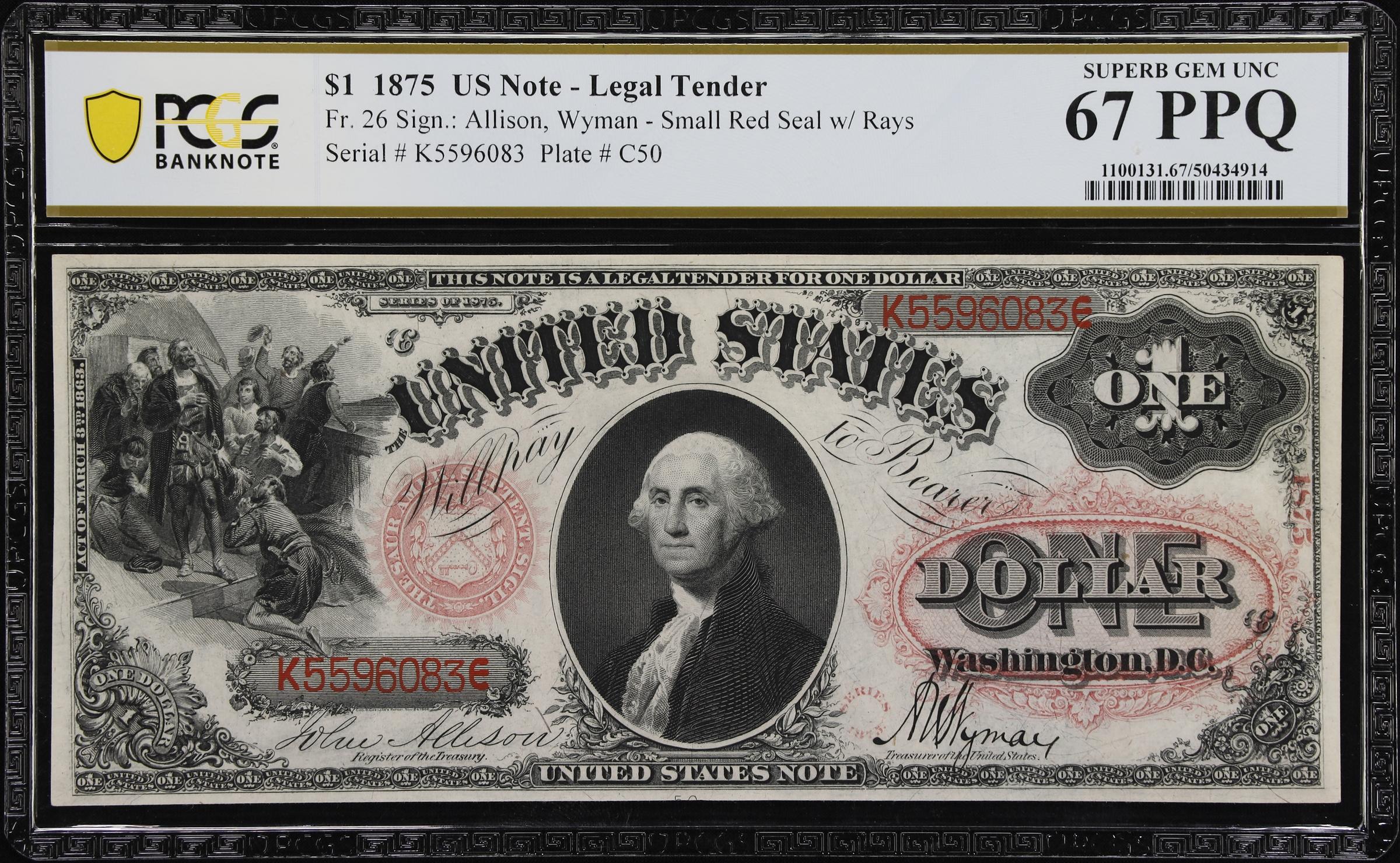image for: Fr. 26. 1875 $1 Legal Tender Note. PCGS Banknote Superb Gem Uncirculated 67 PPQ.