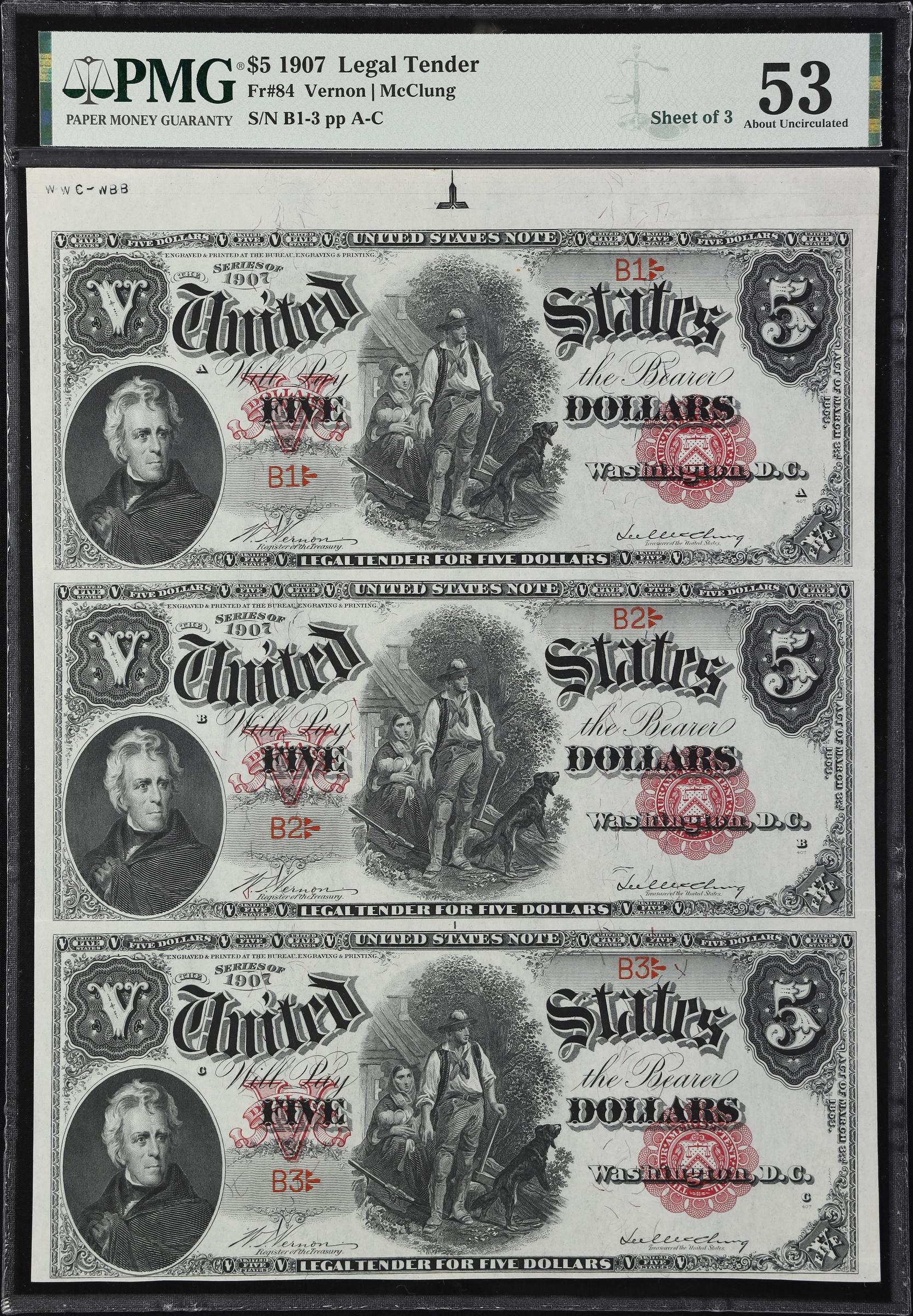 image for: Uncut Sheet of (3) Fr. 84. 1907 $5 Legal Tender Note. PMG About Uncirculated 53. Serial Numbers 1, 2 & 3.