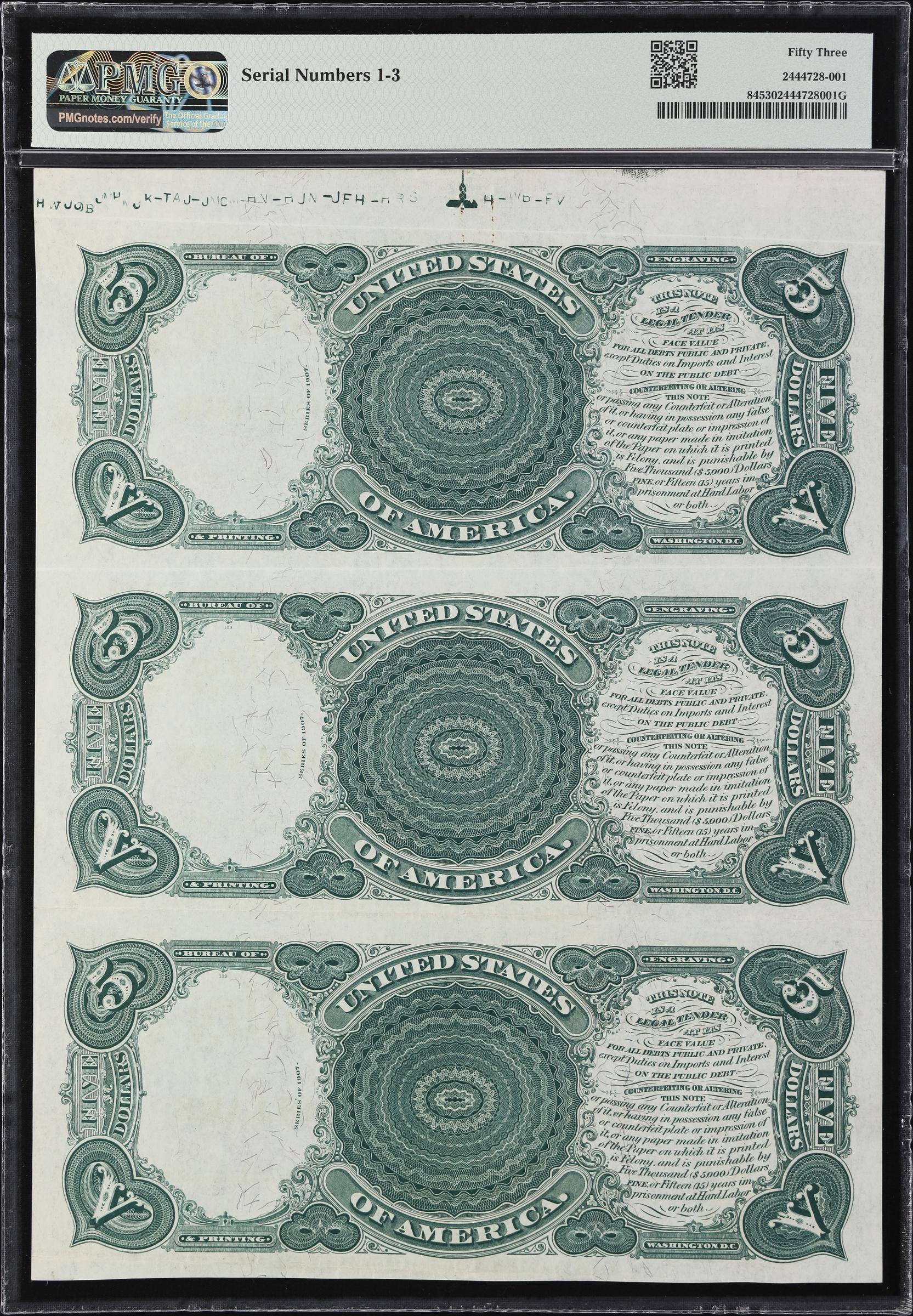 image for: Uncut Sheet of (3) Fr. 84. 1907 $5 Legal Tender Note. PMG About Uncirculated 53. Serial Numbers 1, 2 & 3.