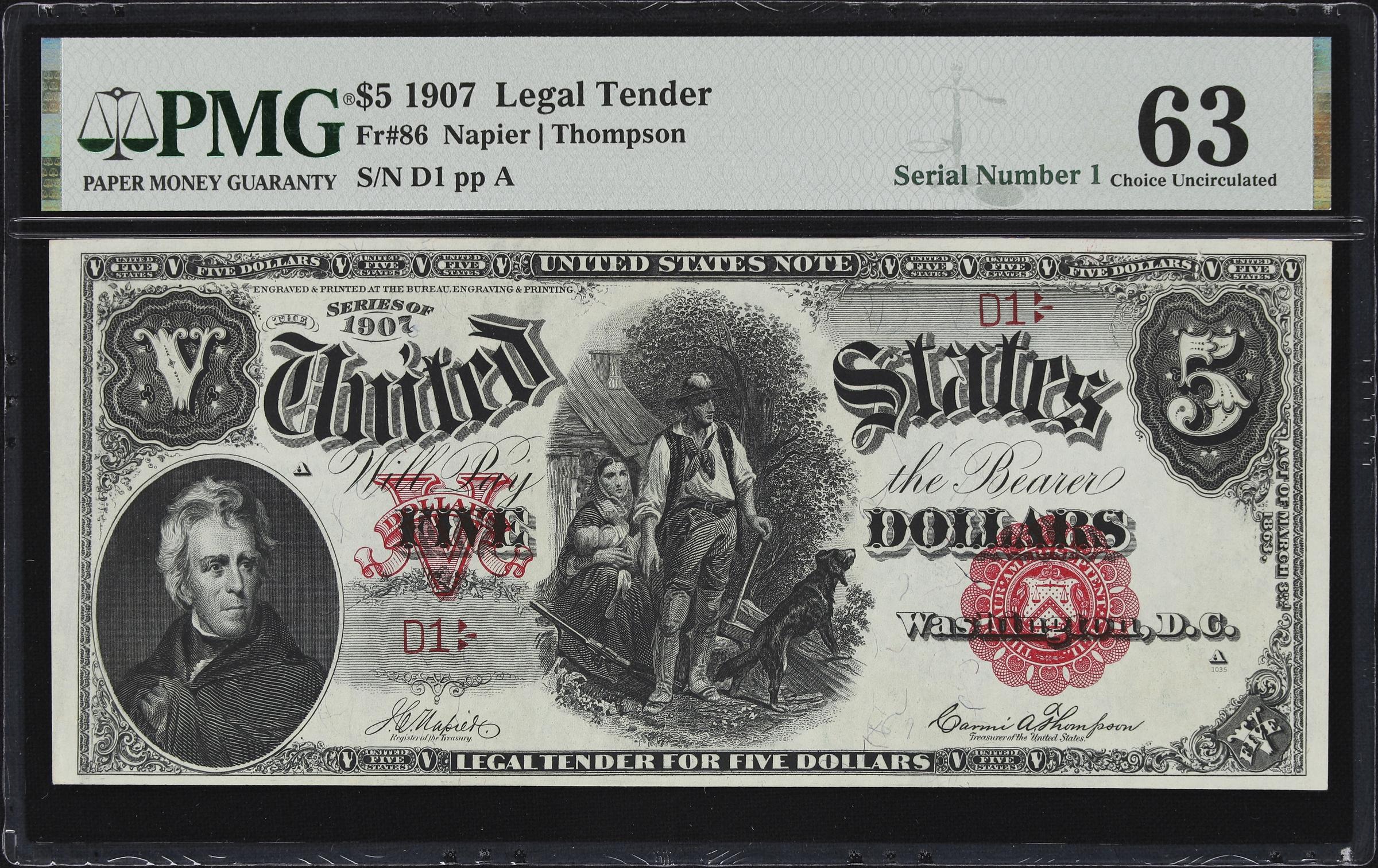 image for: Fr. 86. 1907 $5 Legal Tender Note. PMG Choice Uncirculated 63. Serial Number 1.