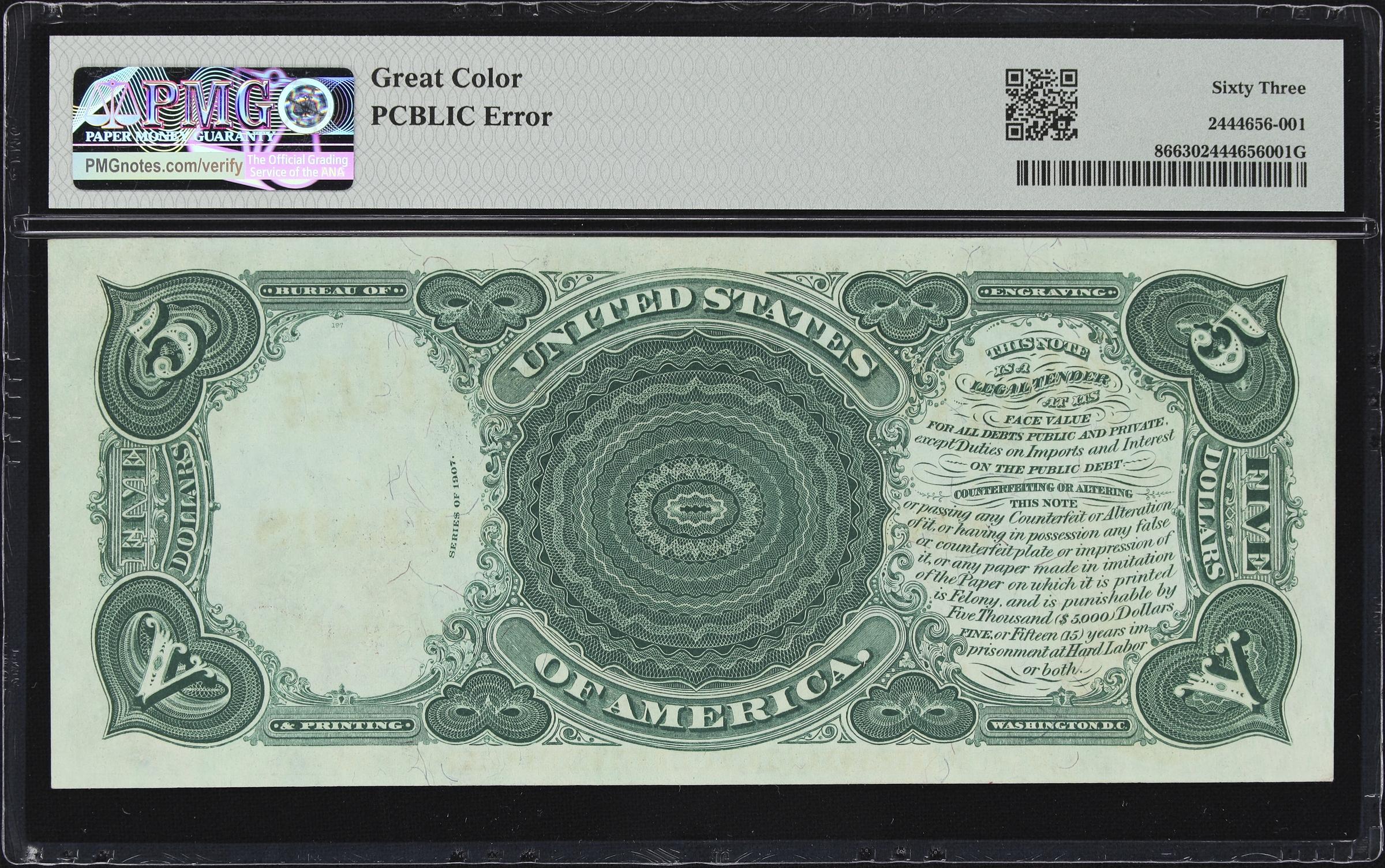 image for: Fr. 86. 1907 $5 Legal Tender Note. PMG Choice Uncirculated 63. Serial Number 1.