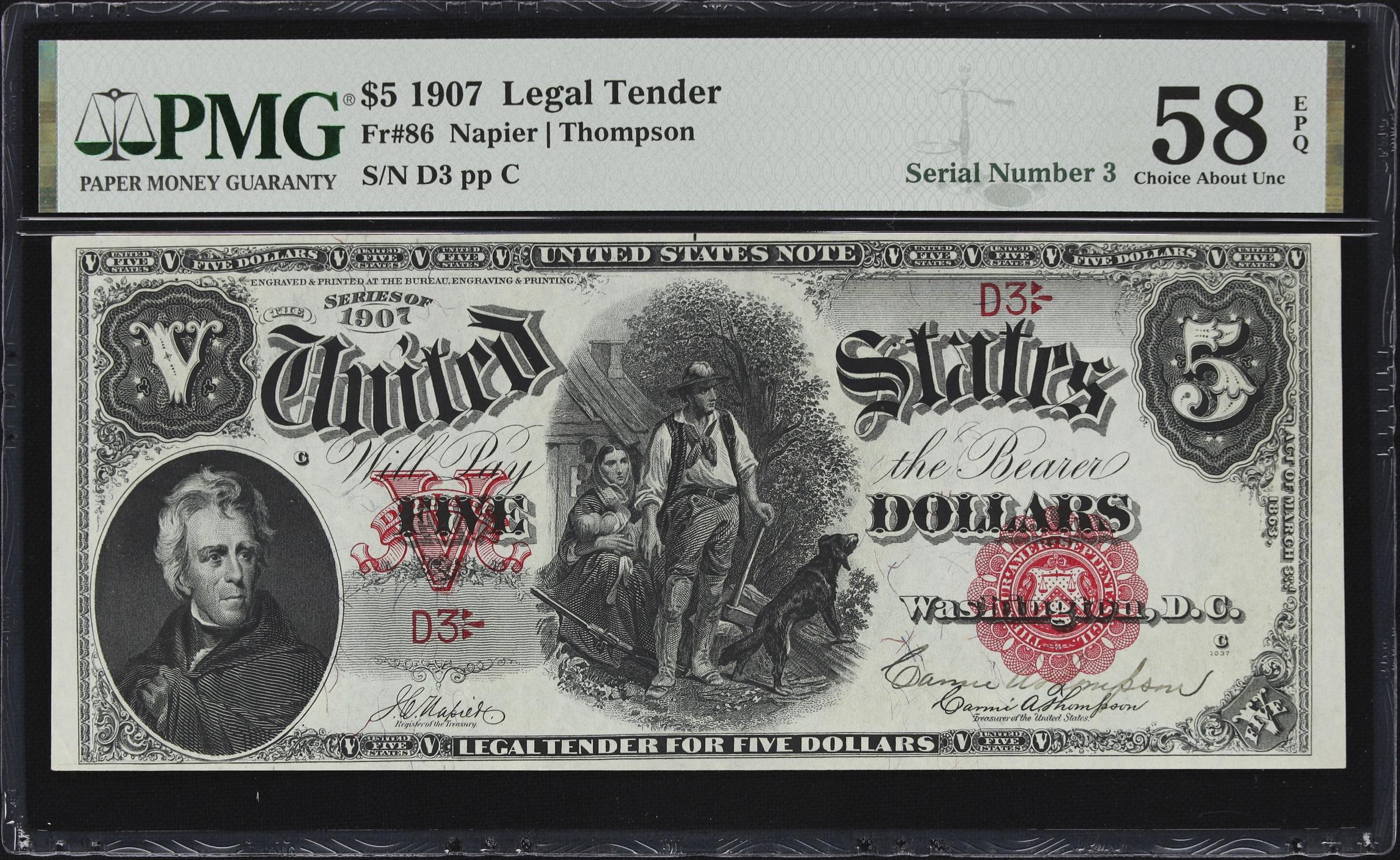 image for: Fr. 86. 1907 $5 Legal Tender Note. PMG Choice About Uncirculated 58 EPQ. Carmi A. Thompson Courtesy Autograph. Serial Number 3.