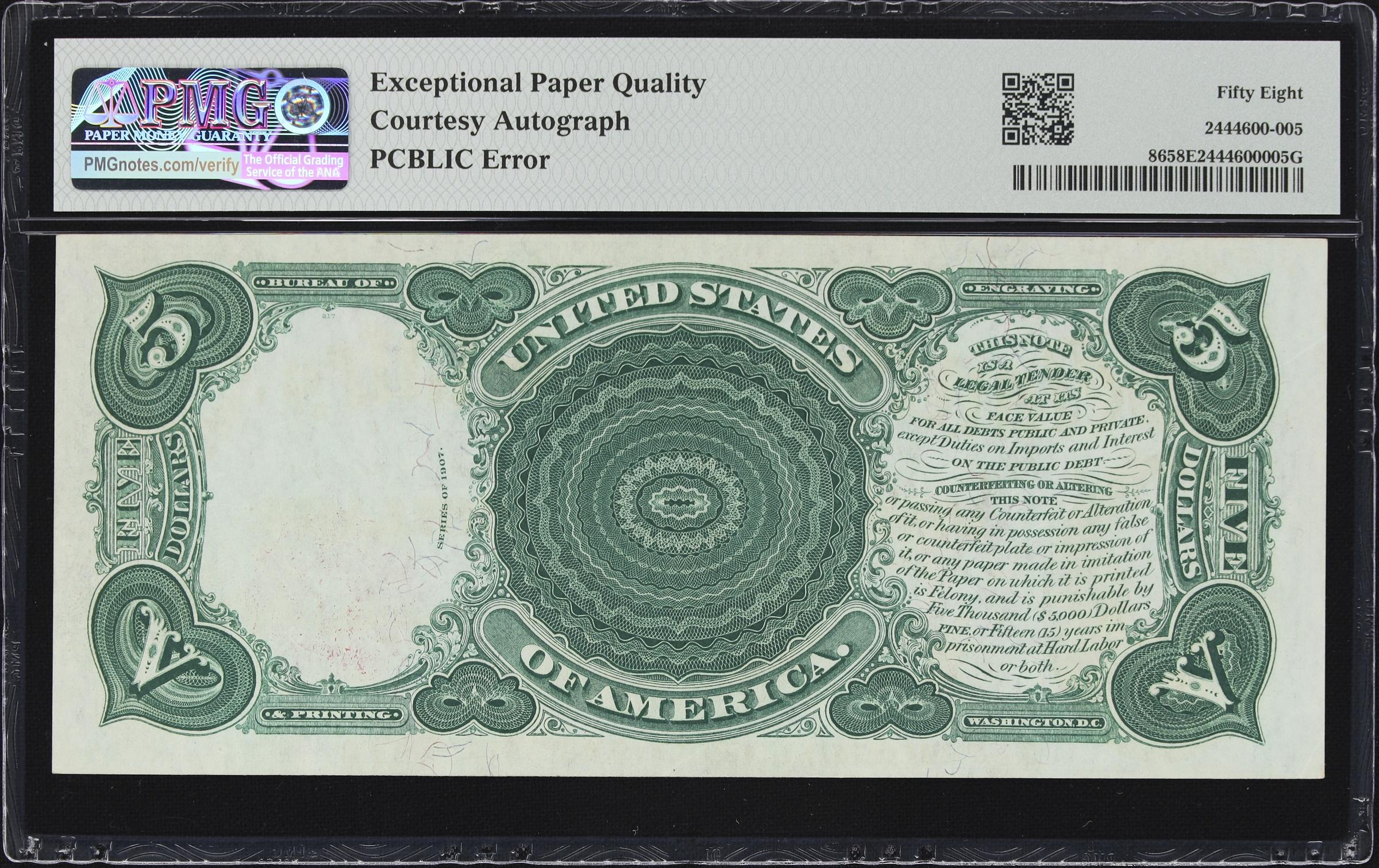 image for: Fr. 86. 1907 $5 Legal Tender Note. PMG Choice About Uncirculated 58 EPQ. Carmi A. Thompson Courtesy Autograph. Serial Number 3.