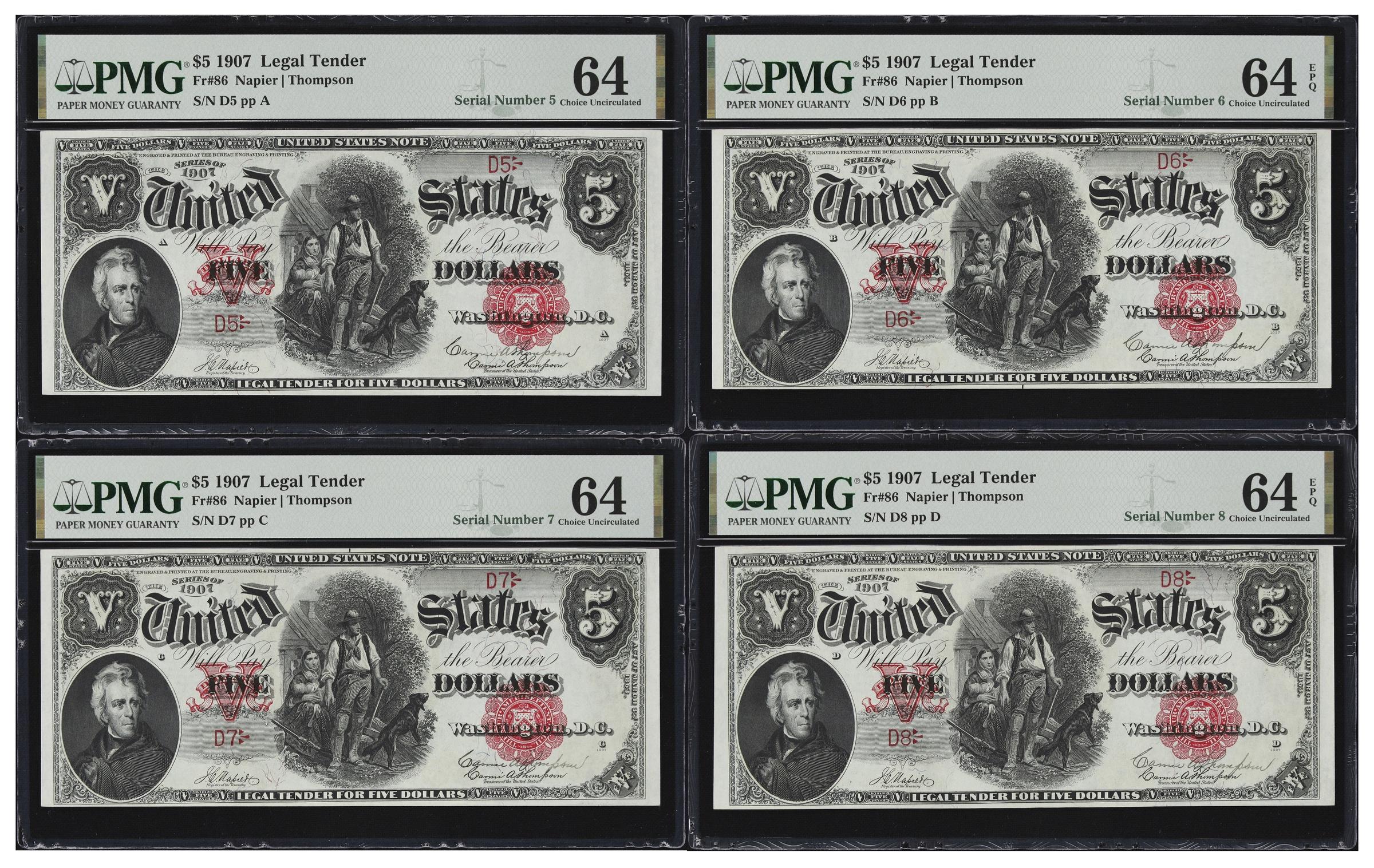 image for: Cut Sheet of (4) Fr. 86. 1907 $5 Legal Tender Notes. PMG Choice Uncirculated 64 to Choice Uncirculated 64 EPQ. Carmi A. Thompson Courtesy Autographs. Serial Numbers 5, 6, 7 & 8.
