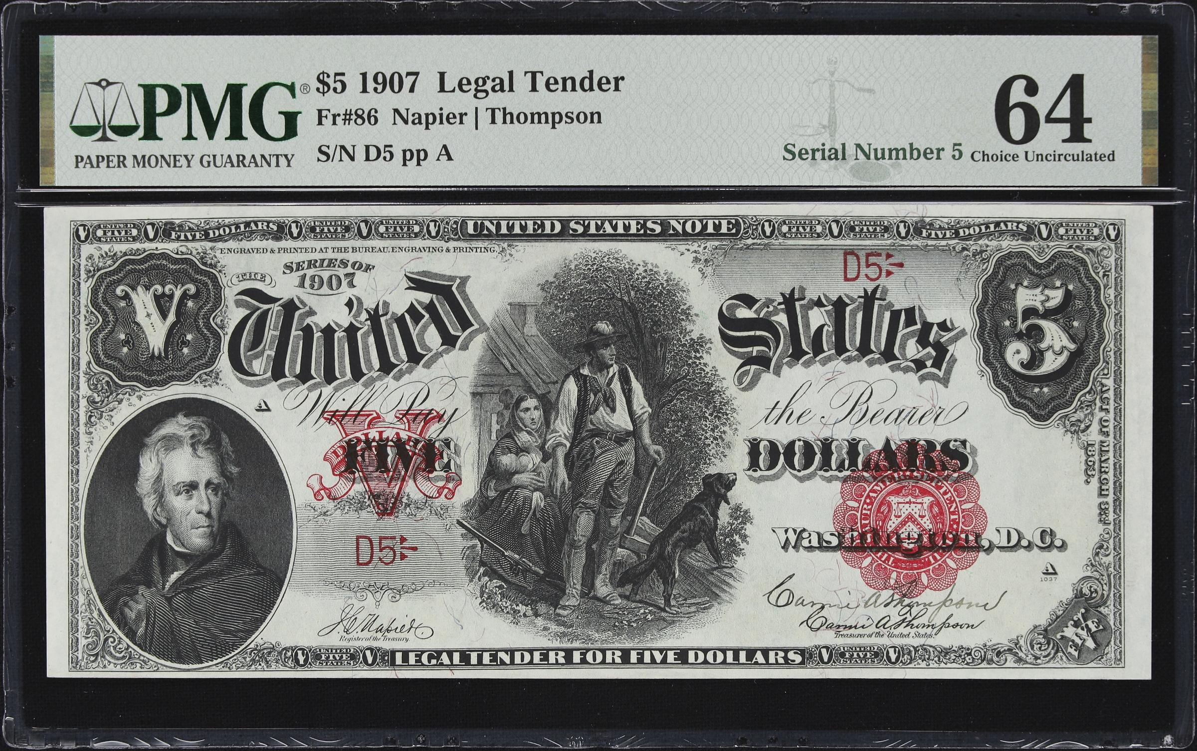 image for: Cut Sheet of (4) Fr. 86. 1907 $5 Legal Tender Notes. PMG Choice Uncirculated 64 to Choice Uncirculated 64 EPQ. Carmi A. Thompson Courtesy Autographs. Serial Numbers 5, 6, 7 & 8.