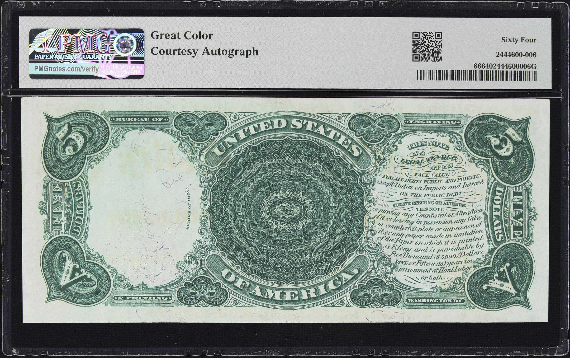 image for: Cut Sheet of (4) Fr. 86. 1907 $5 Legal Tender Notes. PMG Choice Uncirculated 64 to Choice Uncirculated 64 EPQ. Carmi A. Thompson Courtesy Autographs. Serial Numbers 5, 6, 7 & 8.