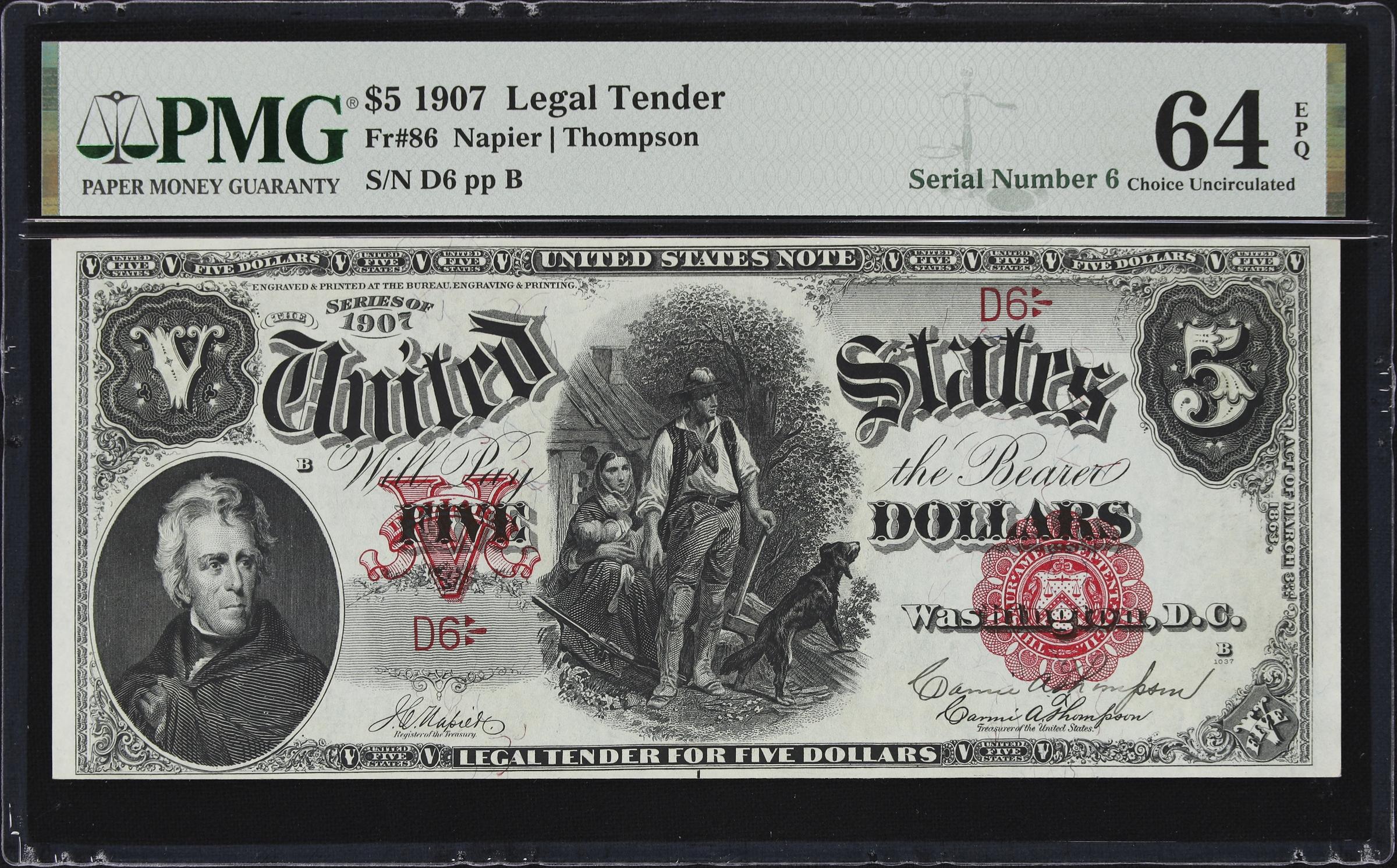 image for: Cut Sheet of (4) Fr. 86. 1907 $5 Legal Tender Notes. PMG Choice Uncirculated 64 to Choice Uncirculated 64 EPQ. Carmi A. Thompson Courtesy Autographs. Serial Numbers 5, 6, 7 & 8.