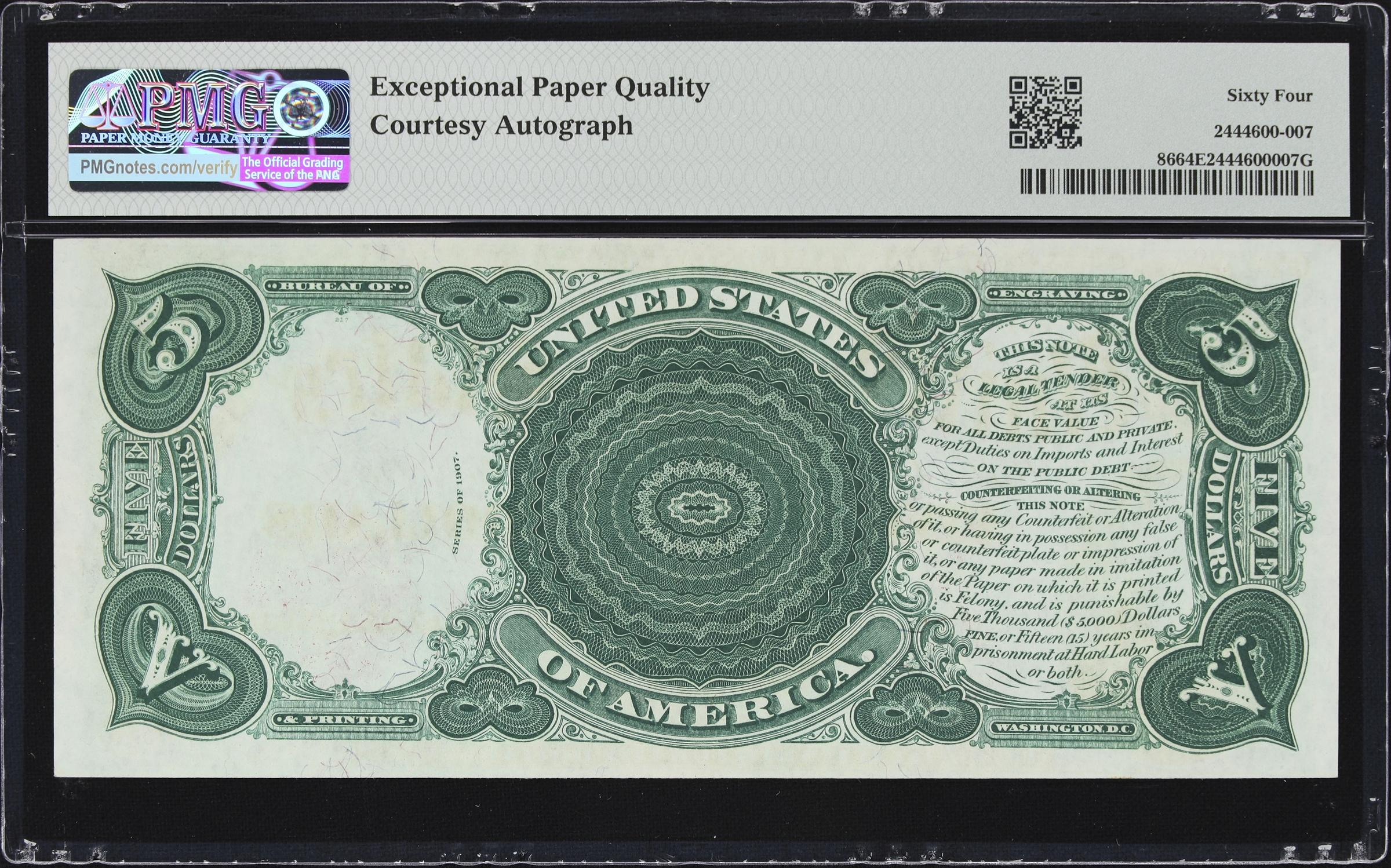 image for: Cut Sheet of (4) Fr. 86. 1907 $5 Legal Tender Notes. PMG Choice Uncirculated 64 to Choice Uncirculated 64 EPQ. Carmi A. Thompson Courtesy Autographs. Serial Numbers 5, 6, 7 & 8.