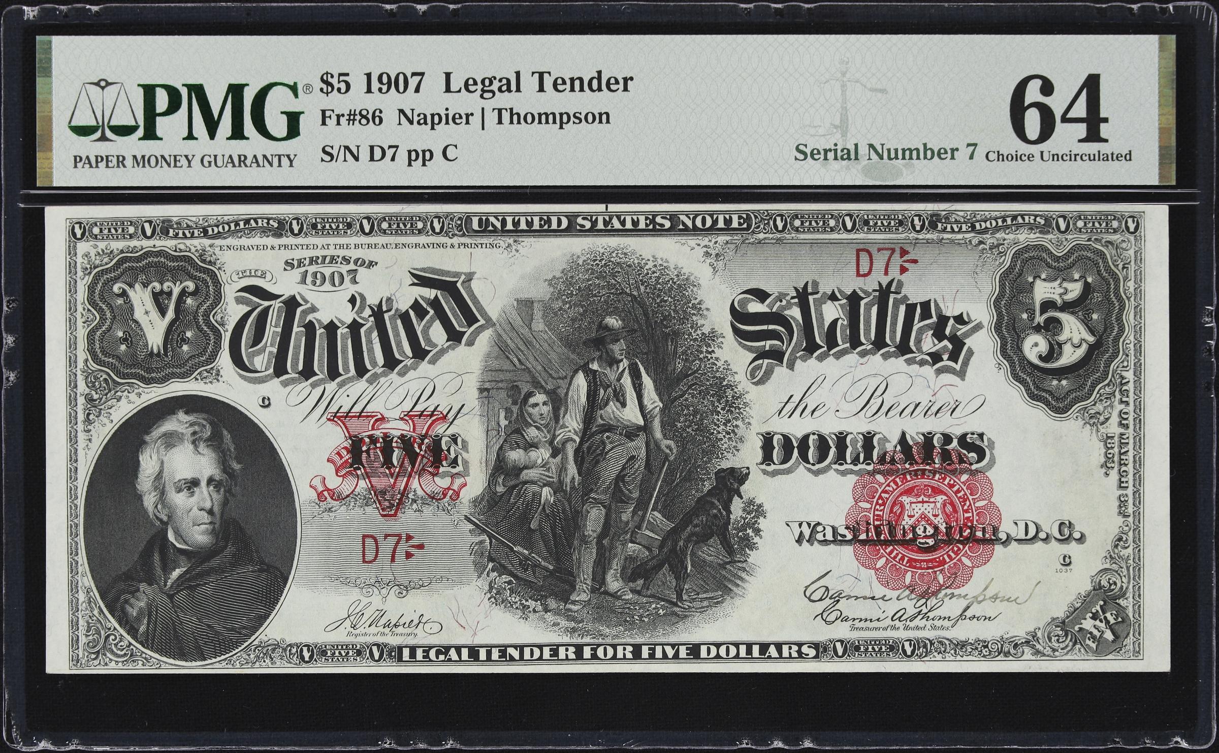 image for: Cut Sheet of (4) Fr. 86. 1907 $5 Legal Tender Notes. PMG Choice Uncirculated 64 to Choice Uncirculated 64 EPQ. Carmi A. Thompson Courtesy Autographs. Serial Numbers 5, 6, 7 & 8.