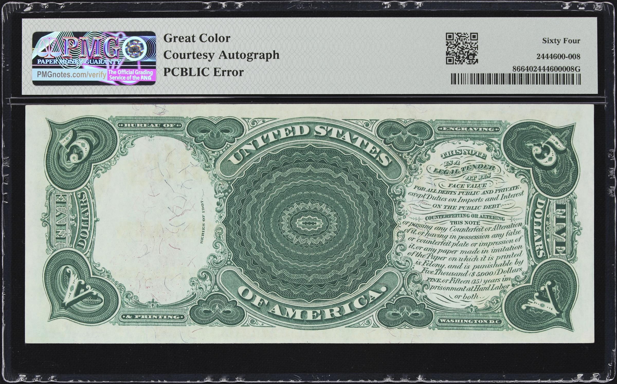 image for: Cut Sheet of (4) Fr. 86. 1907 $5 Legal Tender Notes. PMG Choice Uncirculated 64 to Choice Uncirculated 64 EPQ. Carmi A. Thompson Courtesy Autographs. Serial Numbers 5, 6, 7 & 8.