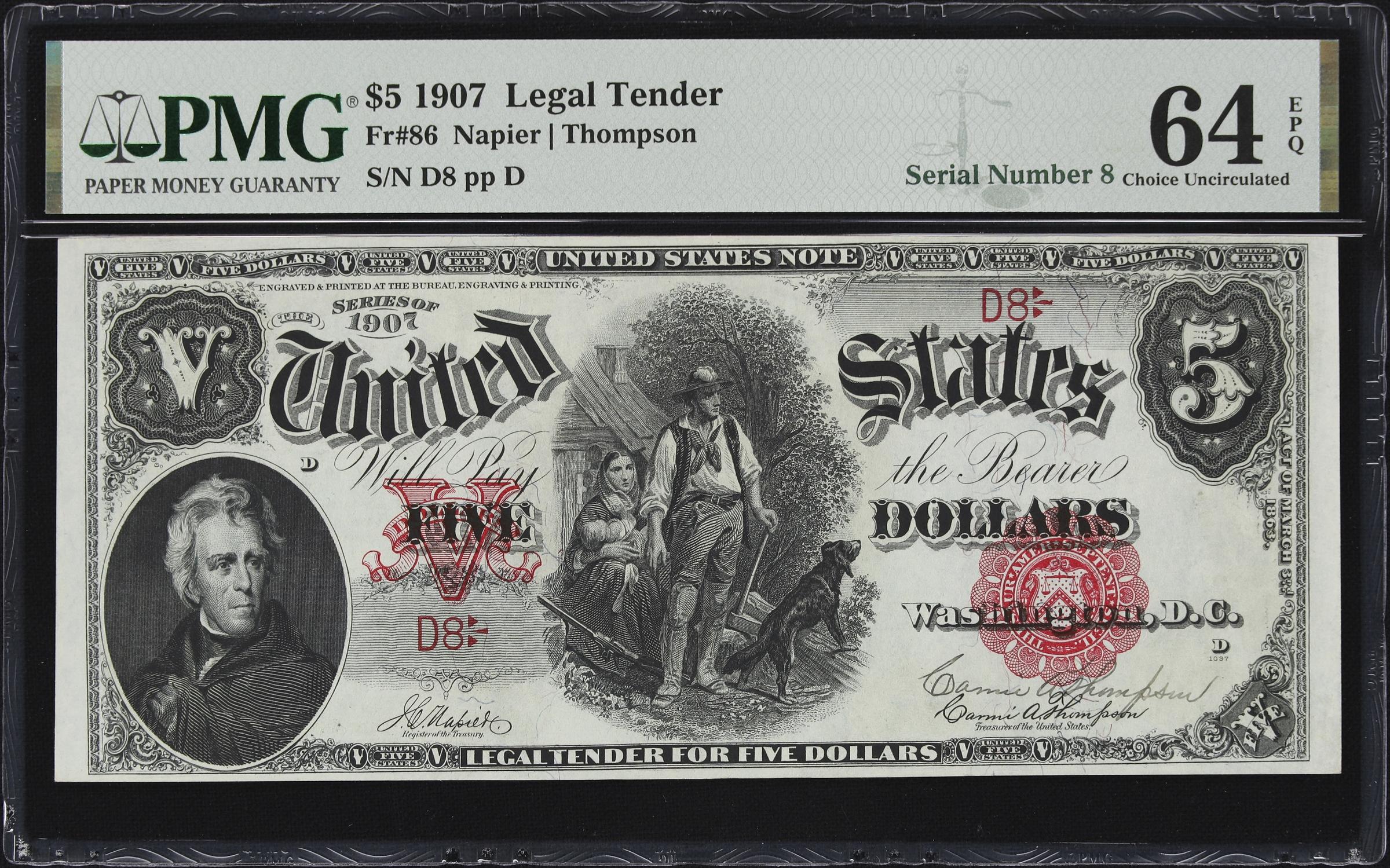 image for: Cut Sheet of (4) Fr. 86. 1907 $5 Legal Tender Notes. PMG Choice Uncirculated 64 to Choice Uncirculated 64 EPQ. Carmi A. Thompson Courtesy Autographs. Serial Numbers 5, 6, 7 & 8.