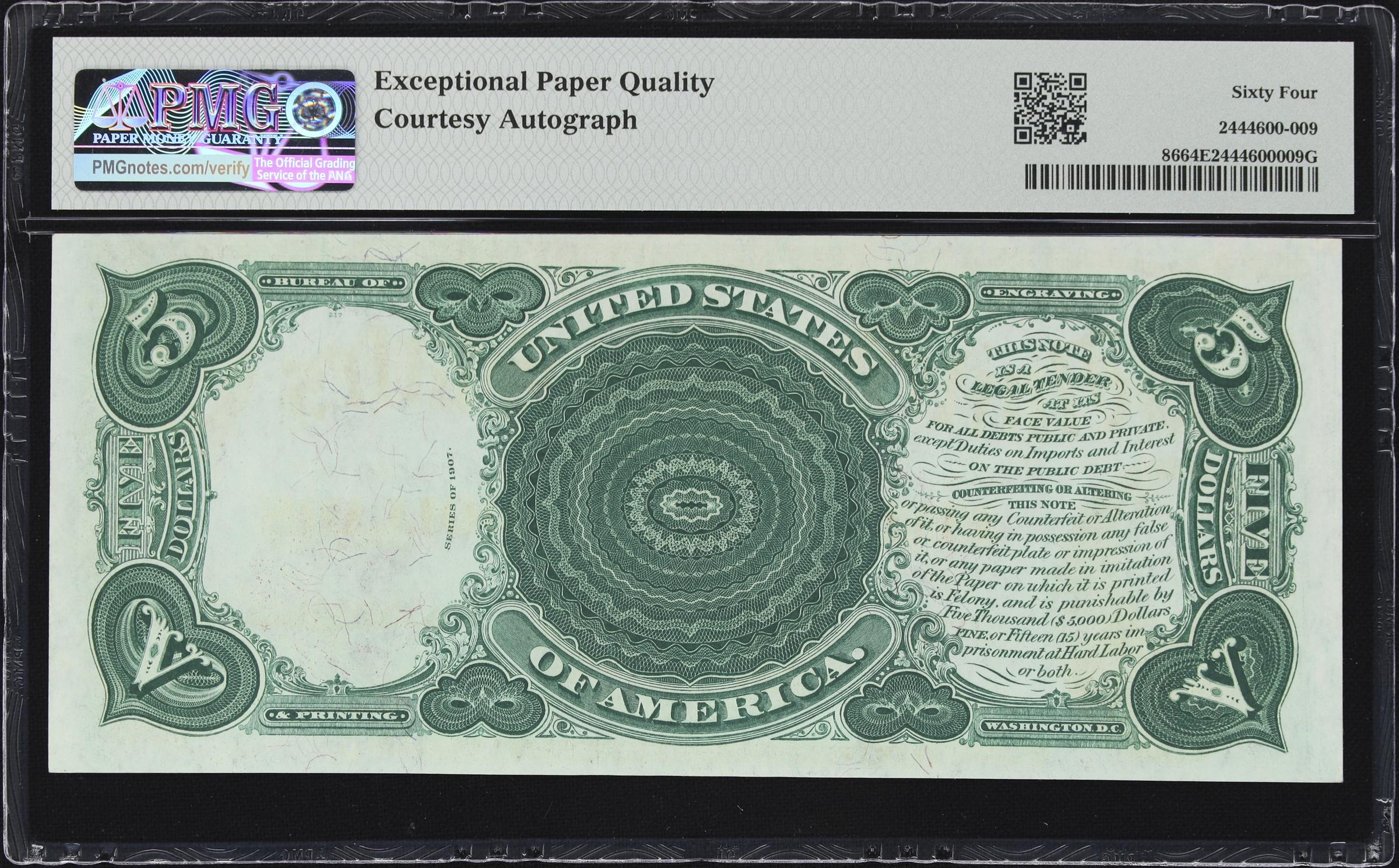 image for: Cut Sheet of (4) Fr. 86. 1907 $5 Legal Tender Notes. PMG Choice Uncirculated 64 to Choice Uncirculated 64 EPQ. Carmi A. Thompson Courtesy Autographs. Serial Numbers 5, 6, 7 & 8.