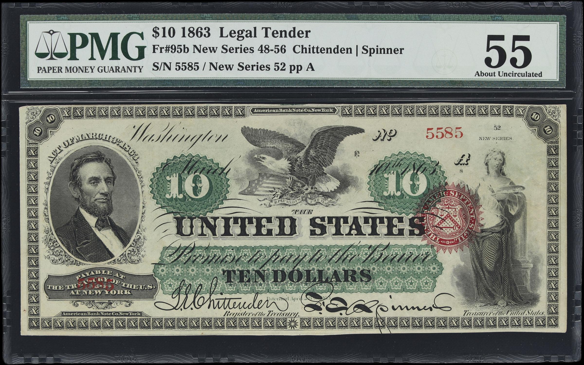 image for: Fr. 95b. 1863 $10 Legal Tender Note. PMG About Uncirculated 55.
