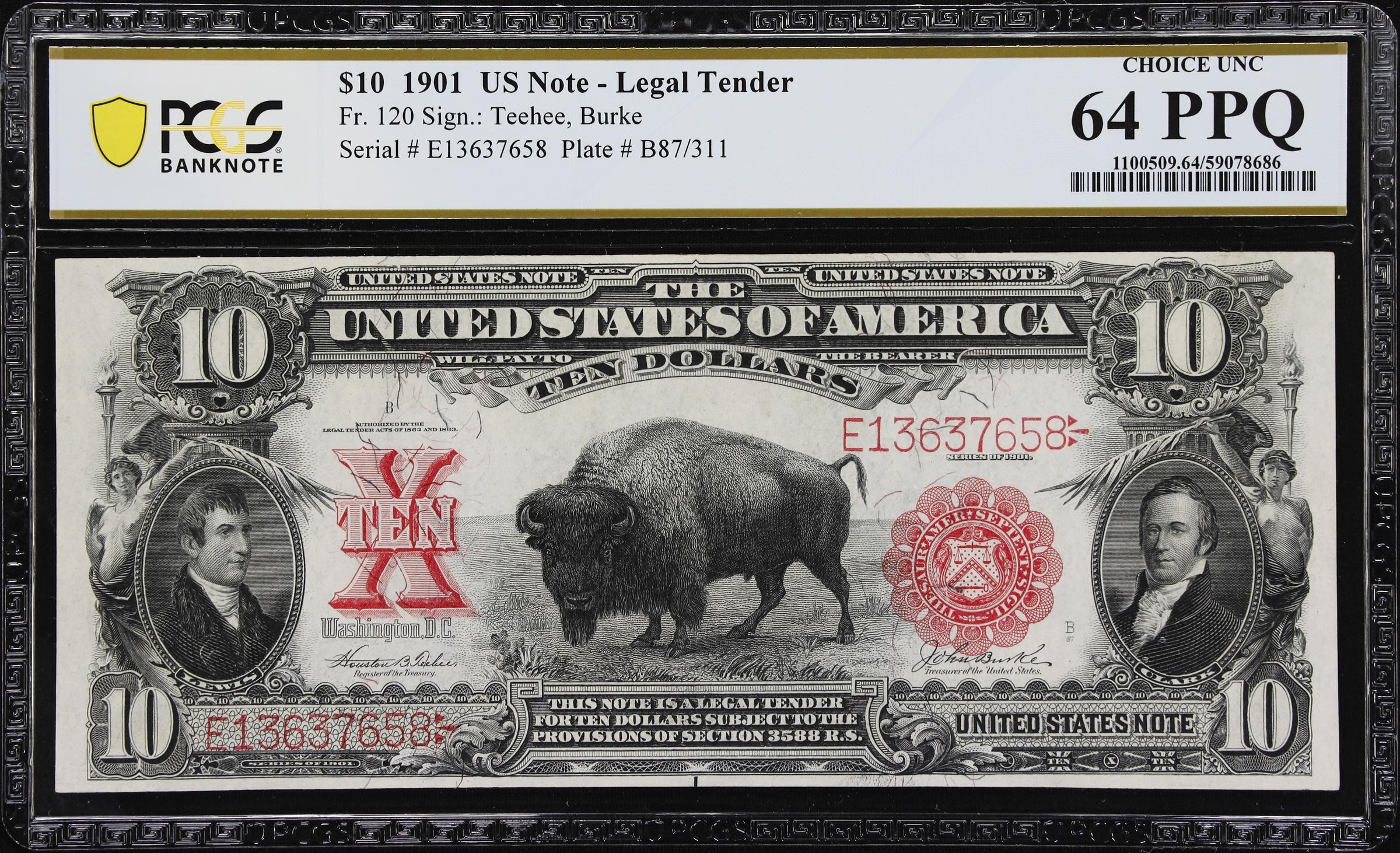 image for: Fr. 120. 1901 $10 Legal Tender Note. PCGS Banknote Choice Uncirculated 64 PPQ.
