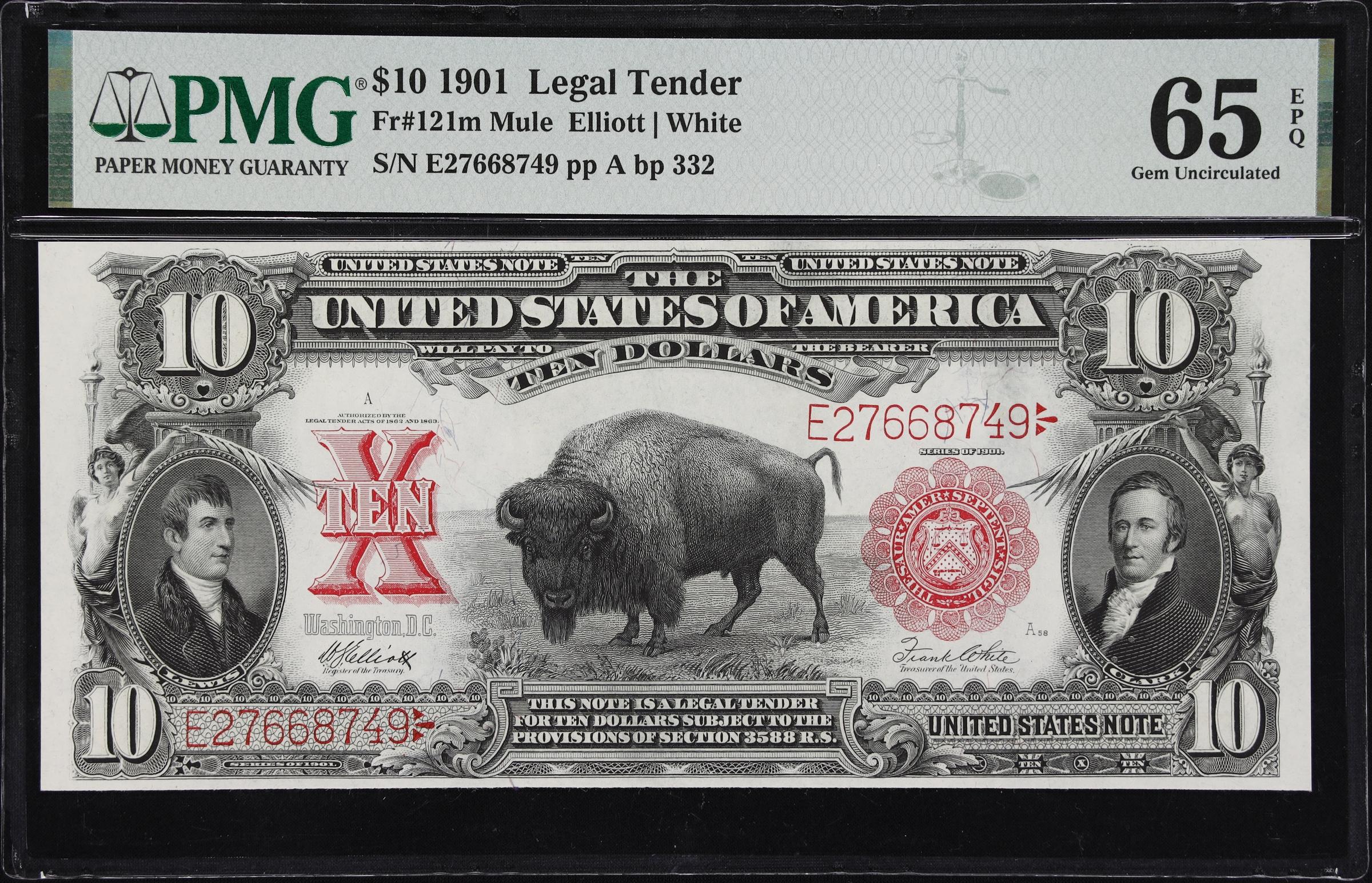 image for: Fr. 121m. 1901 $10 Legal Tender Note. Mule. PMG Gem Uncirculated 65 EPQ.