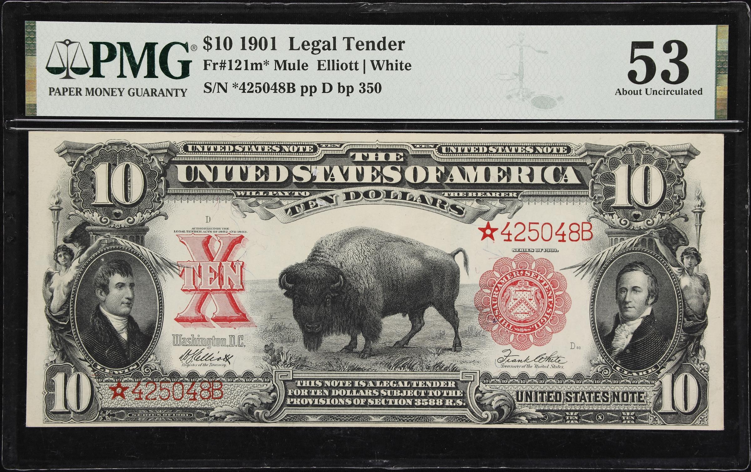 image for: Fr. 121m*. 1901 $10 Legal Tender Star Note. Mule. PMG About Uncirculated 53.
