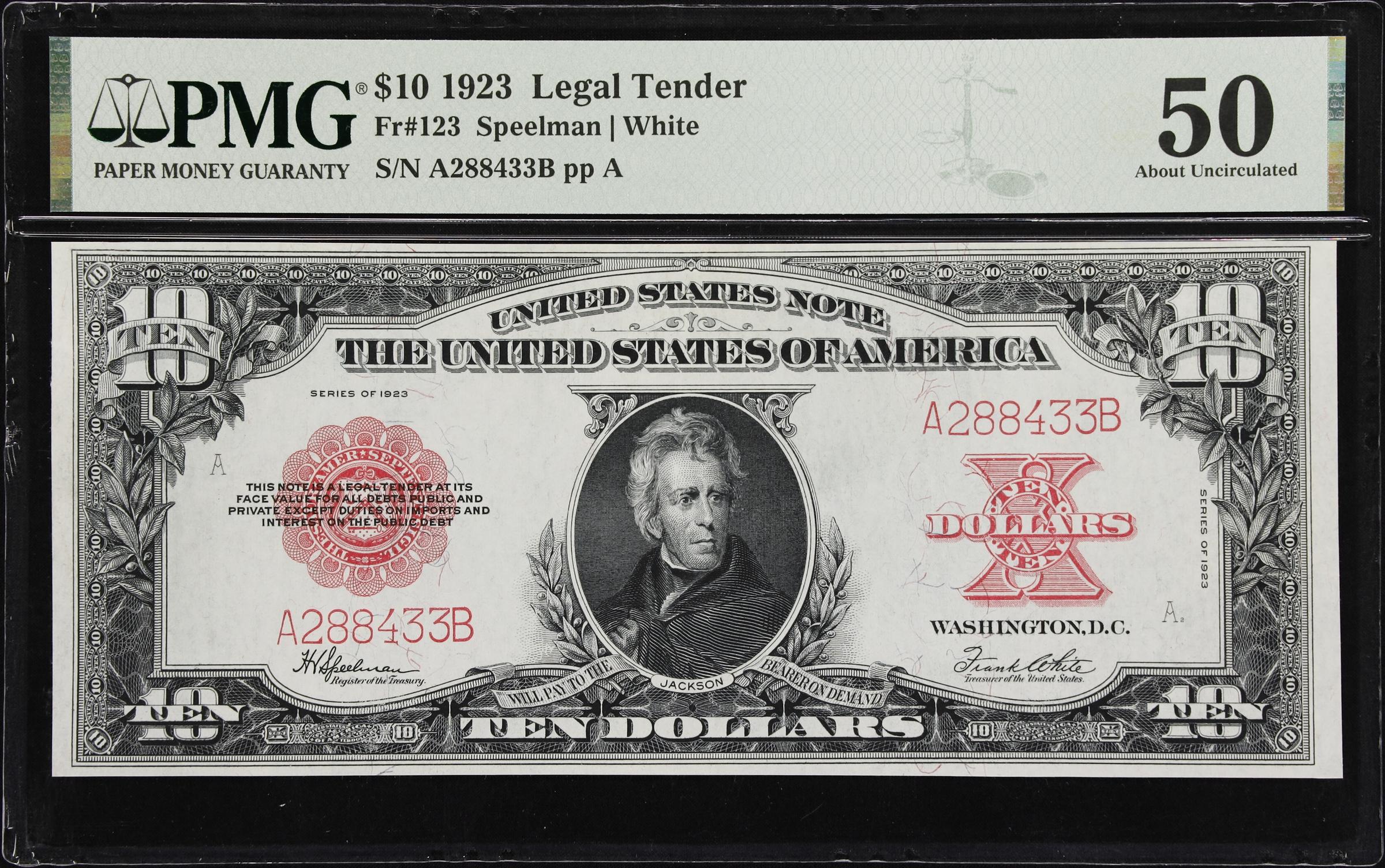 image for: Fr. 123. 1923 $10 Legal Tender Note. PMG About Uncirculated 50.