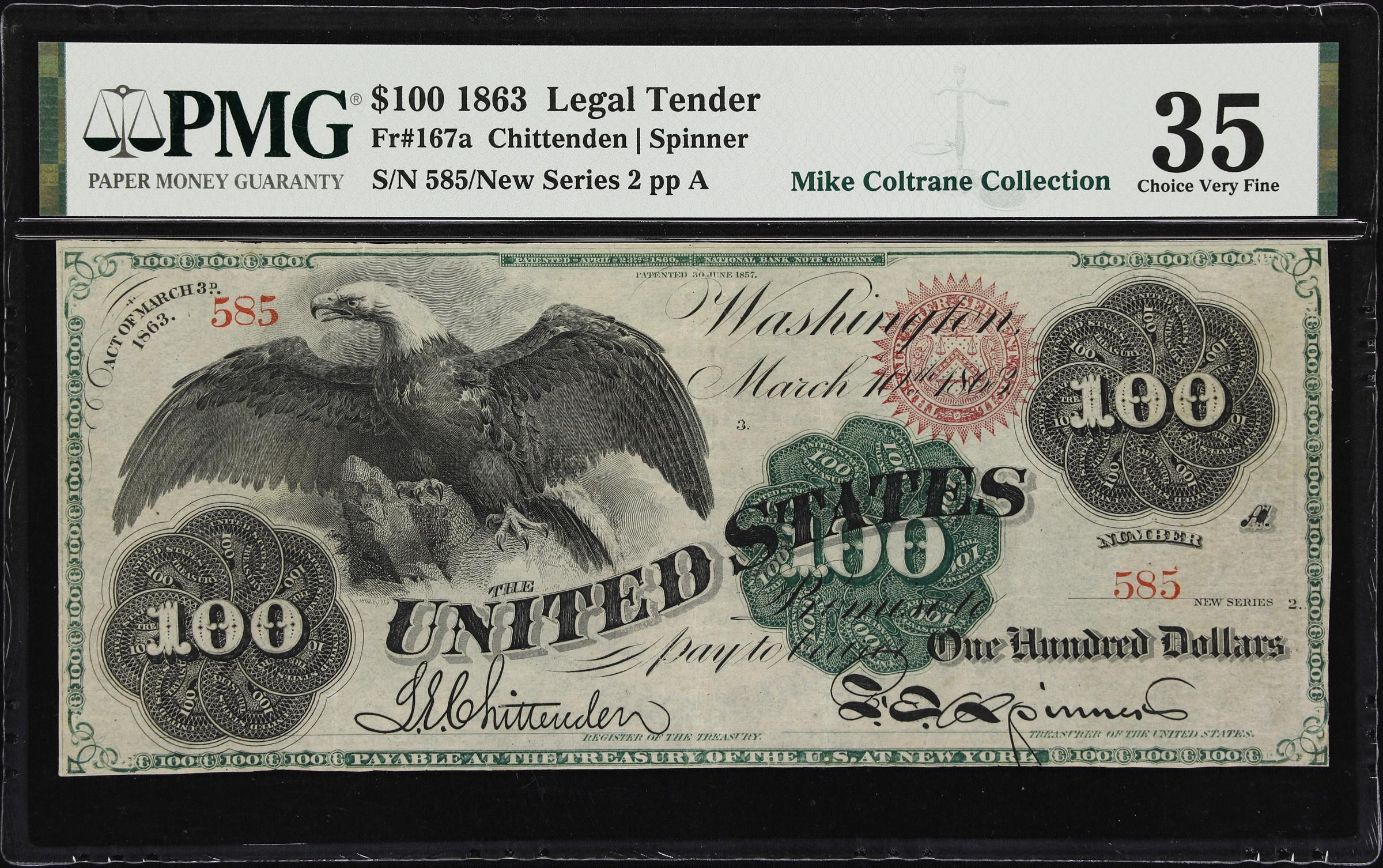 image for: Fr. 167a. 1863 $100 Legal Tender Note. PMG Choice Very Fine 35.